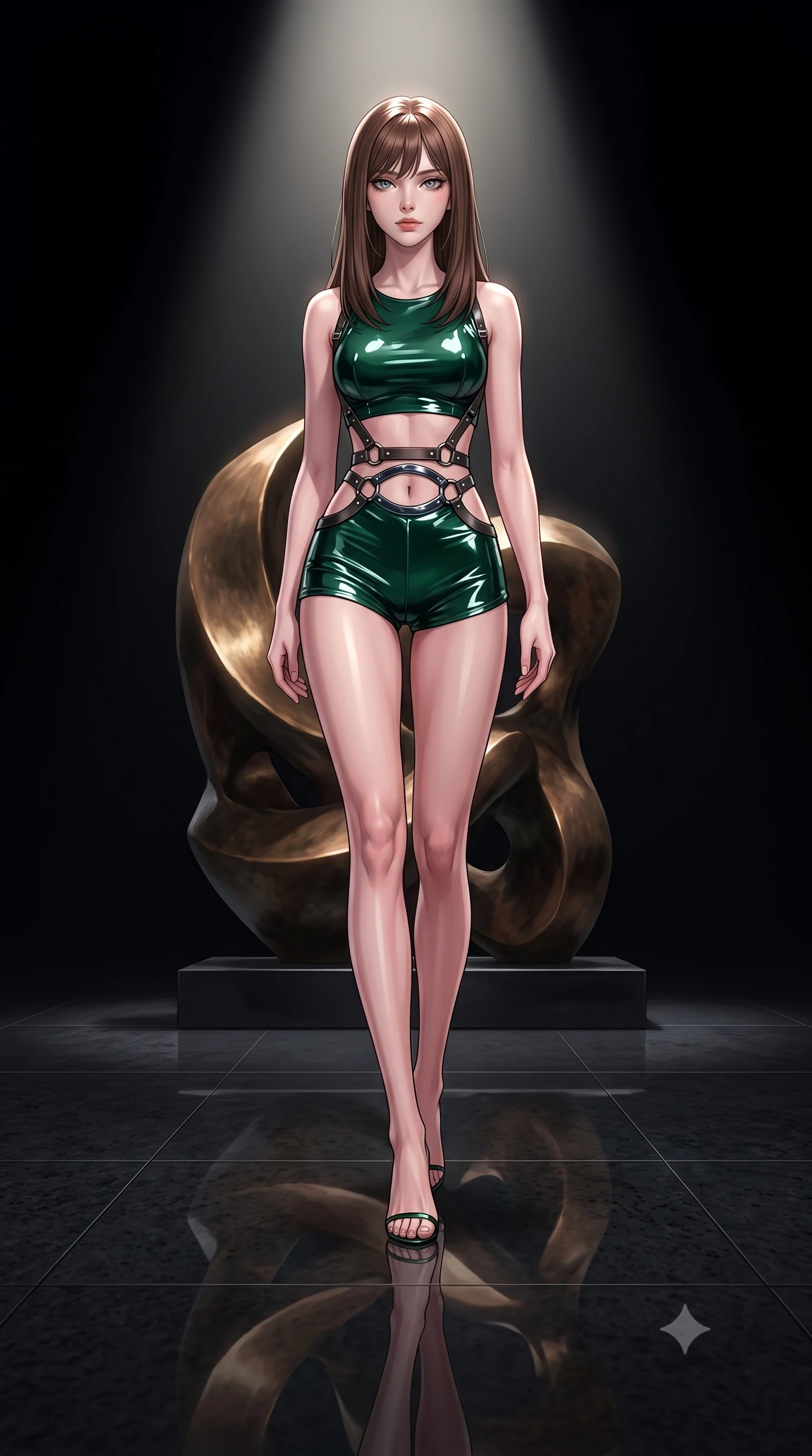 score_9, masterpiece, best quality, ultra-detailed, high-budget anime keyframe, editorial fashion photography, tasteful artistic composition, Korean woman. low angle full-body shot from head to toe showing her feet, filling the entire 9:16 vertical frame with her statuesque presence, stretching her vertical silhouette. navigating the private sanctuary with an effortless, graceful stride, poised before a giant abstract bronze statue in a pitch-black gallery hall, polished granite floor creating a dark mirror reflection of her posture. She has an absolutely perfect, statuesque 8.5-heads proportion, an exceptionally tall and slender model-like female figure with impossibly long slender legs and an ultra-slim waist. sharp v-shaped jawline, high-bridge nose, intricate jewel-like eyes with depth, thick eyelashes, glossy lips with a natural sheen. wearing high-cut micro-shorts and crop top set with dark leather harness in deep emerald green, made of high-gloss liquid vinyl, accented with sculpted obsidian chrome rings at the waist, the fitted fabric emphasizing her ultra-slim waist. illuminated by a single dramatic theatrical spotlight from directly overhead. highly saturated vibrant anime colors, detailed shading with soft gradients, rich glossy textures, high-contrast stereoscopic depth, volumetric dynamic lighting, master piece, 9:16 ratio