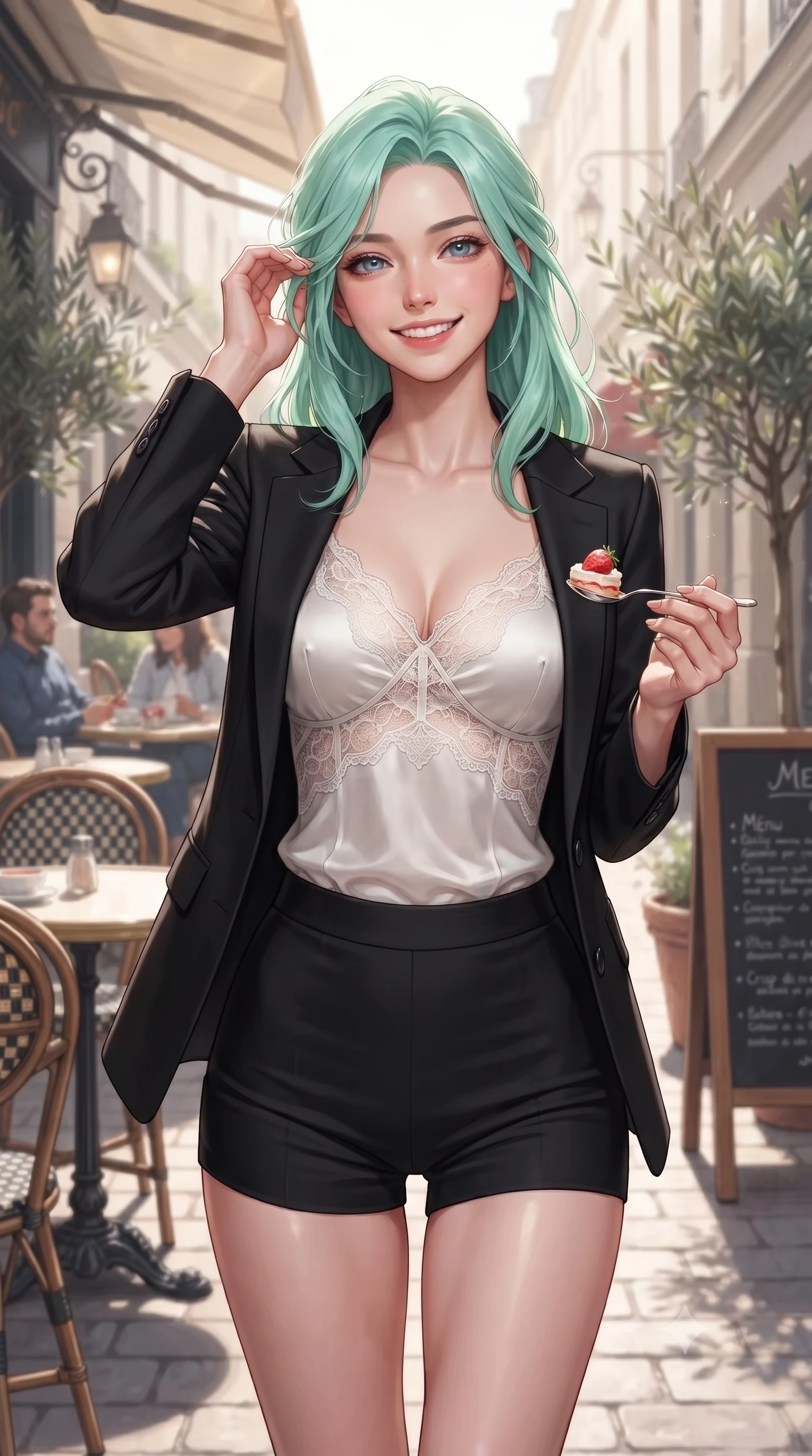 score_9, masterpiece, best quality, ultra-detailed, high-budget anime keyframe, editorial fashion photography, tasteful artistic composition, Japanese woman. close-up cowboy shot from the waist and thighs up, the character dominates the composition, filling the frame with her large presence, background elements kept in soft focus. flashing an intoxicating, sunny grin while brushing a strand of hair away from her face set against a soft-focus background of on a lively street-side bistro terrace next to potted olive trees holding a spoon with a bite of strawberry cake, smiling happily at the camera. She has an exceptionally elegant, slender, and willowy female figure with an ultra-slim waist, a gracefully sculpted slender torso, and a refined silhouette. sharp v-shaped jawline, high-bridge nose, intricate jewel-like eyes with depth, thick eyelashes, glossy lips with a natural sheen. wearing slim-fit delicate silk camisole with lace panels and a tailored blazer worn open over form-contouring shorts. crisp morning sun rays creating a fresh and energetic breakfast atmosphere. ultra-reflective glossy finish, specular highlights, metallic sheen, high-contrast stereoscopic depth, volumetric dynamic lighting, 2k, ultra detail, master piece, 9:16 ratio