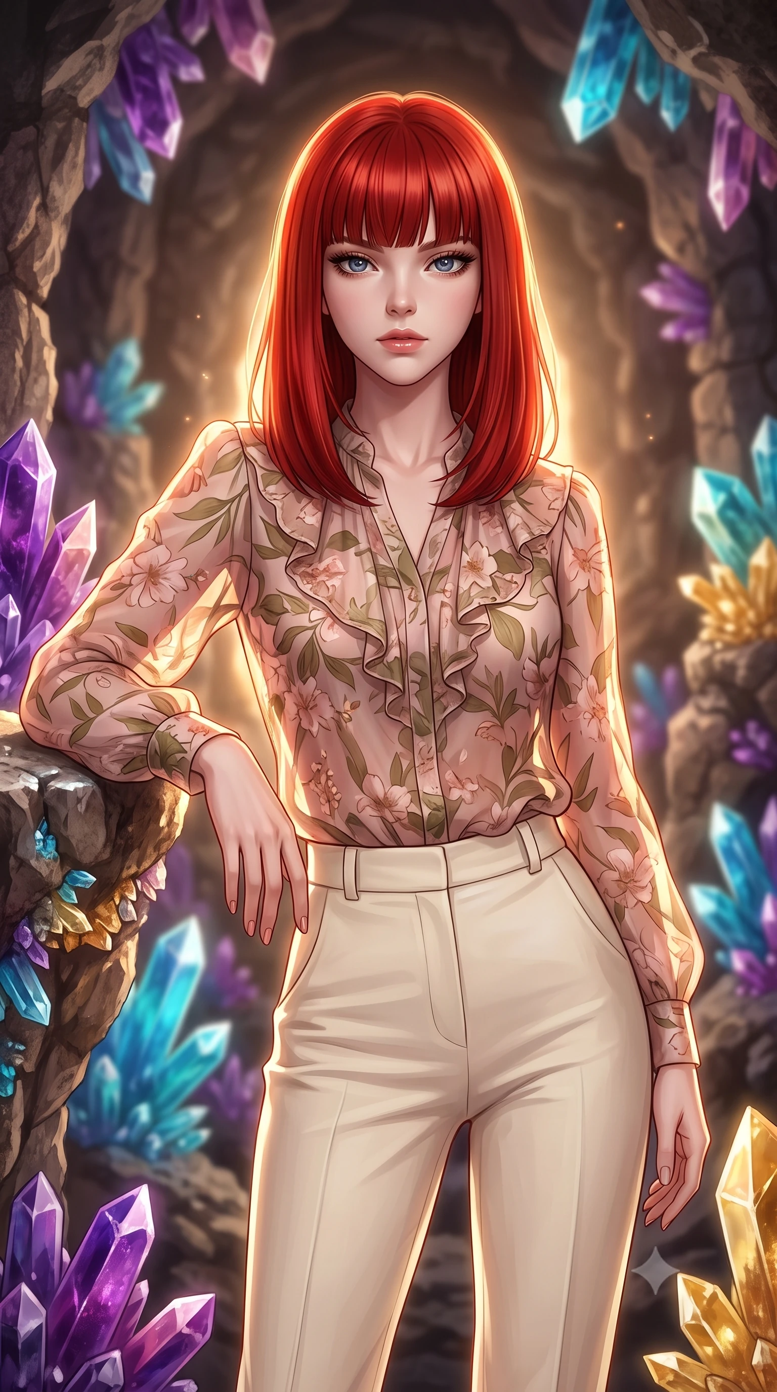 score_9, masterpiece, best quality, ultra-detailed, high-budget anime keyframe, editorial fashion photography, tasteful artistic composition, Caucasian woman, strictly human ears. close-up cowboy shot from the waist and thighs up, the character dominates the composition, filling the frame with her large presence, background elements kept in soft focus. Resting one arm elegantly against a surface with a poised relaxed stance. set against a soft-focus background of deep inside a hollowed-out asteroid whose rough stone walls are lined with enormous crystal formations in every imaginable color from deep violet amethyst to electric blue aquamarine to warm citrine gold. She has an exceptionally elegant and slender, willowy female figure with an ultra-slim waist, a gracefully sculpted slender torso, and a refined slim physique. sharp v-shaped jawline, high-bridge nose, intricate jewel-like eyes with depth, thick eyelashes, glossy lips with a natural sheen. wearing a sheer floral-print chiffon blouse in soft pink and olive tones, paired with high-waisted cream trousers. dramatic backlight creating a radiant halo effect around her entire silhouette. 2k, ultra detail, master piece, 9:16 ratio