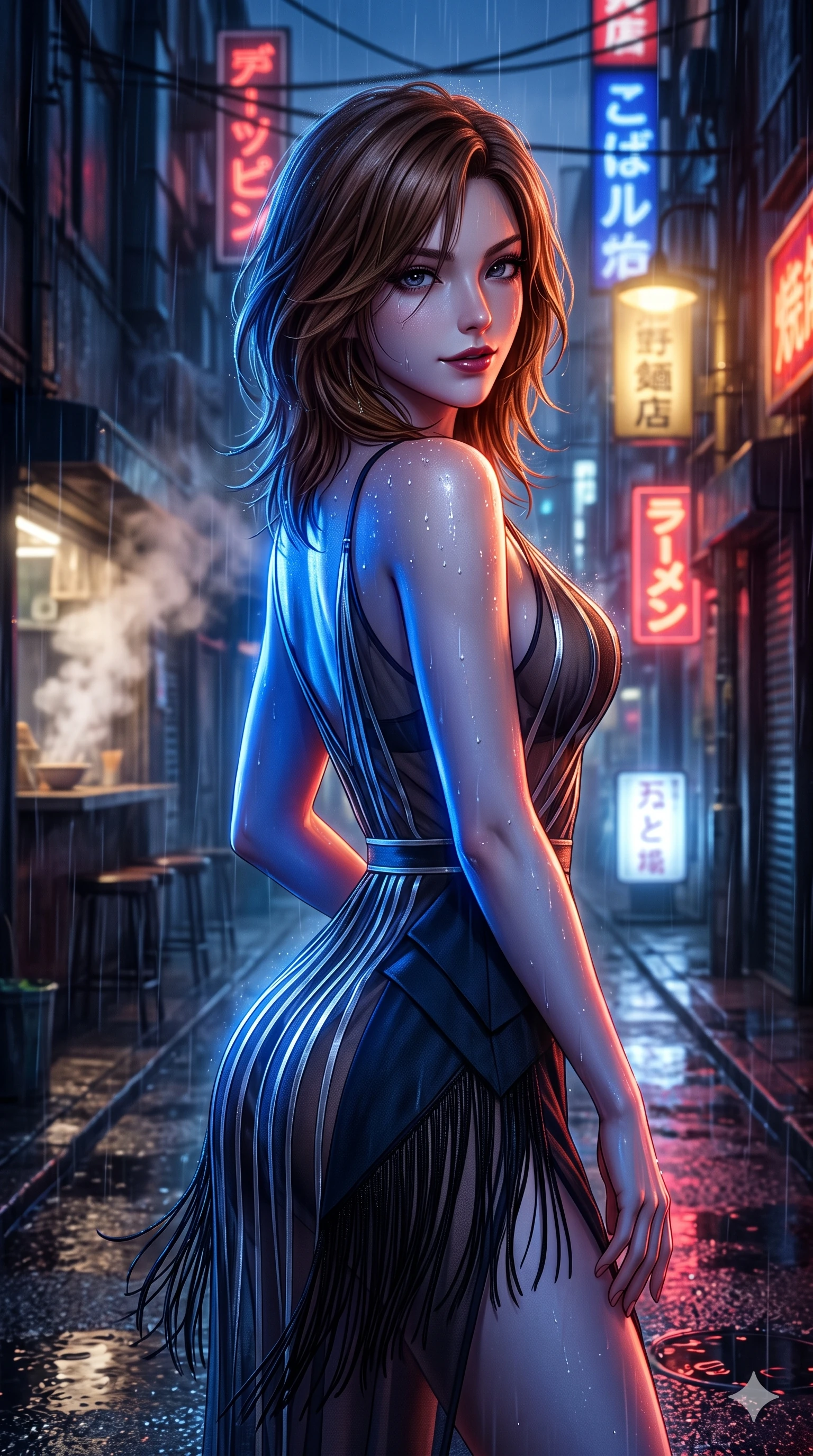 score_9, masterpiece, best quality, ultra-detailed, high-budget anime keyframe, semi-realistic 3D game render, editorial fashion photography, tasteful artistic composition, Korean woman. close-up cowboy shot from the waist and thighs up, the character dominates the composition, filling the frame with her large presence. twisting her slender torso in a deep contrapposto stance, hips dramatically shifted to accentuate her feminine curves while looking past her shoulder with smoldering bedroom-eyes while twisting her slender torso in an alluring contrapposto stance, raindrops glistening on her bare skin as saturated neon signs reflect in puddles around her heels. The background shows a soft-focus steaming noodle bar vents and wet Tokyo alley facades softened in rainy night shallow focus. She has an exceptionally elegant, slender, and willowy female figure with an ultra-slim waist, flat toned midriff, narrow ribcage, and sculpted feminine hips creating an alluring, slim hourglass silhouette without bulk. sharp v-shaped jawline, high-bridge nose, intricate jewel-like dark sparkling eyes with dangerous depth, thick curled eyelashes, glossy parted lips with a rich wine sheen, smoldering seductive half-smile with bedroom-eyes, exuding effortless superiority and intoxicating dark allure, flawlessly proportioned anatomical accuracy, strict slender model proportions, natural body alignment, perfectly sculpted long slender limbs, ultra-slim waistline, clean dynamic posture without body distortion. wearing a plunge-front sheer illusion tulle slip dress with liquid platinum ribbon stripes hugging her curves in cobalt blue floodlights and warm golden promenade streetlights, tailored from fine lightweight midnight wool crepe with crisp architectural structure, finished with delicate jet-black micro-fringe fluttering softly along her hips with each step, the high-slit wrap tailoring accentuating her ultra-slim waistline and the enchanting curve of her feminine hips with alluring seductive charm. bathed in intense saturated crimson and warm gold neon underlights contrasting with dark rain-soaked shadow tones. highly saturated vibrant anime colors, detailed shading with soft gradients, rich glossy textures, high-contrast stereoscopic depth, volumetric dynamic lighting, master piece, 9:16 ratio