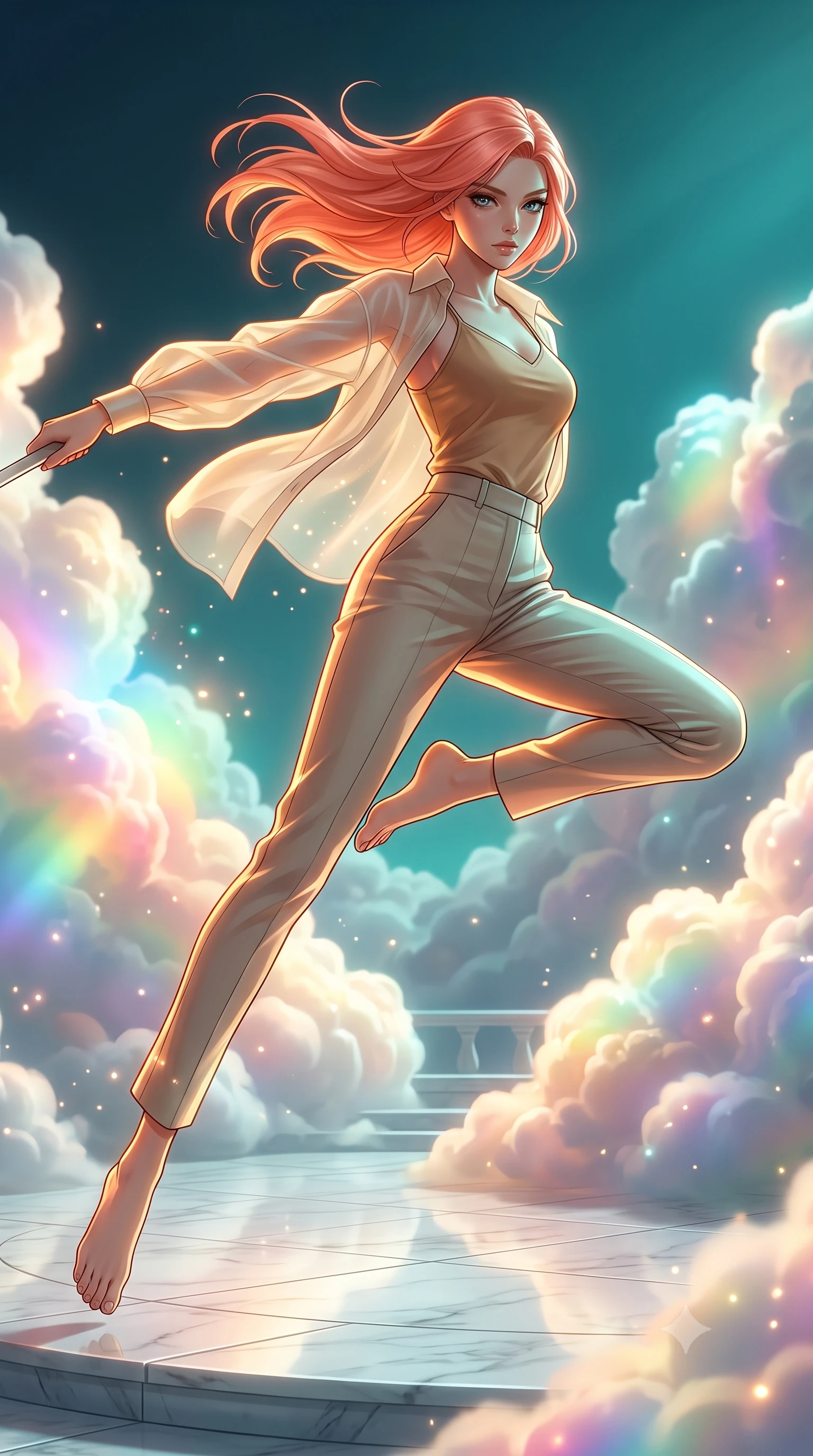 score_9, masterpiece, best quality, ultra-detailed, high-budget anime keyframe, editorial fashion photography, tasteful artistic composition, realistic cosplay photography, Japanese woman. low angle full-body shot from head to toe showing her feet, filling the entire 9:16 vertical frame with her statuesque presence, stretching her vertical silhouette. leaping dynamically high in the air while slicing forward with wind-whipped hair through a palace terrace made of white marble, surrounded by clouds that glow with internal rainbow gradients. She has a statuesque 8.5-heads proportion, an exceptionally tall, slender and willowy model-like build with impossibly long legs and a highly sculpted ultra-slim waist. sharp v-shaped jawline, high-bridge nose, intricate jewel-like eyes with depth, thick eyelashes, glossy lips with a natural sheen. wearing catching and diffusing the glowing particles, shimmering softly in response to the surrounding light, a slim-fit semi-transparent cream organza oversized shirt layered naturally over a tan-colored camisole top, paired with tailored trousers. warm amber rim lighting combined with cool teal fill light creating dramatic contrast. ultra-reflective glossy finish, specular highlights, metallic sheen, high-contrast stereoscopic depth, volumetric dynamic lighting, 2k, ultra detail, master piece, 9:16 ratio