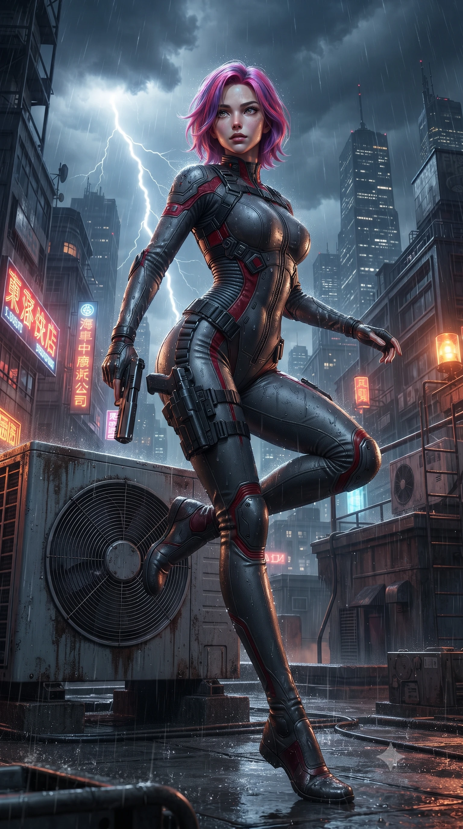 score_9, masterpiece, best quality, ultra-detailed, high-budget anime keyframe, editorial fashion photography, tasteful artistic composition, Caucasian woman. low angle full-body shot from head to toe showing her feet, filling the entire 9:16 vertical frame with her statuesque presence, stretching her vertical silhouette. executing an elegant mid-motion spin with effortless grace, her garments fluttering softly around her ultra-slim waistline while drawing her sleek silenced sidearm in a fluid tactical draw while crouching behind an air-conditioning turbine unit. The surrounding environment is rendered in vivid detail and crisp panoramic clarity. intense neo-noir chiaroscuro and atmospheric rain-soaked metropolis action aesthetics rendered with precision. She has an absolutely perfect, statuesque 8.5-heads proportion, an exceptionally tall and slender model-like female figure with impossibly long slender legs, a toned flat midriff, and an ultra-slim waist. sharp v-shaped jawline, high-bridge nose, intricate jewel-like eyes with depth, thick eyelashes, glossy lips with a natural sheen, captivating and magnetic expression, flawlessly proportioned anatomical accuracy, strict slender model proportions, natural body alignment, perfectly sculpted long slender limbs, ultra-slim waistline, clean dynamic posture without body distortion. wearing a form-contouring infiltration bodysuit with reinforced kevlar ribbing and magnetic utility harness in matte graphite and blood-crimson accents, tailored from water-resistant treated wool gabardine and flexible Kevlar, finished with high-mobility flexible armor joints and magnetic gear clasps, the form-contouring material adhering flawlessly to her sculpted flat midriff and slender torso, emphasizing her long leg lines and perfectly proportioned willowy build. bathed in blinding white storm lightning flash backlighting and warm amber perimeter beacon fill. ultra-reflective glossy finish, specular highlights, rich textural contrasts, high-contrast stereoscopic depth, volumetric dynamic lighting, 2k, ultra detail, master piece, 9:16 ratio