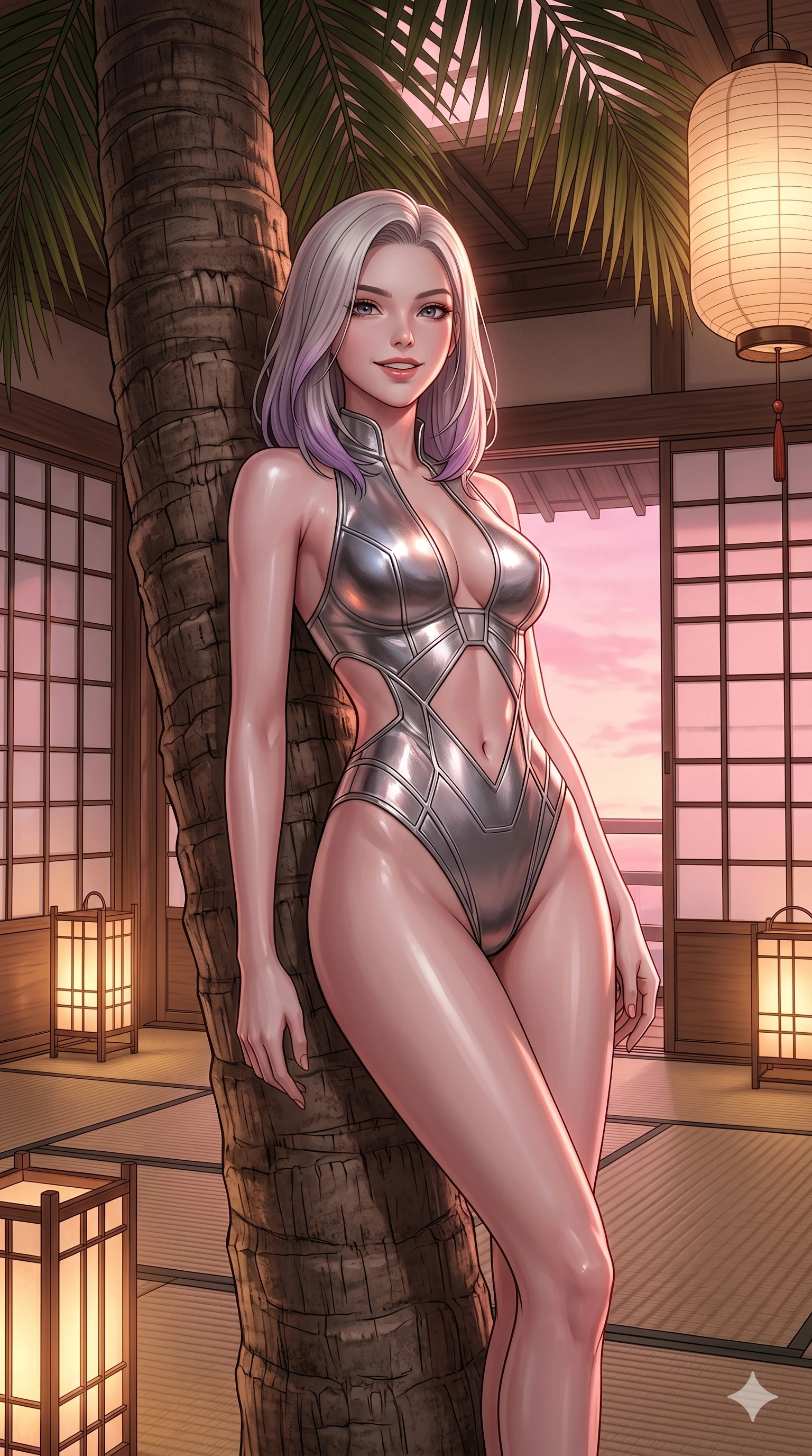score_9, masterpiece, best quality, ultra-detailed, high-budget anime keyframe, editorial fashion photography, tasteful artistic composition, Caucasian woman, strictly human ears. cowboy shot from the thighs up, character and outfit filling the frame for maximum editorial presence. leaning back against a massive palm trunk, her lips parted in a confident smile inside a traditional tatami room (Code-P17-120). She has an absolutely perfect 8-heads proportion, an exceptionally tall and slender female figure with impossibly long slender legs and an ultra-slim waist. V-shaped jawline, high-bridge nose, intricate jewel-like eyes with depth, thick eyelashes, glossy lips with a natural sheen. wearing a metallic bodysuit with exposed waist and plunging neck. soft pink sunset glow mixed with warm lantern light, tracing her jawline and lips. 2k, ultra detail, master piece, 9:16 ratio