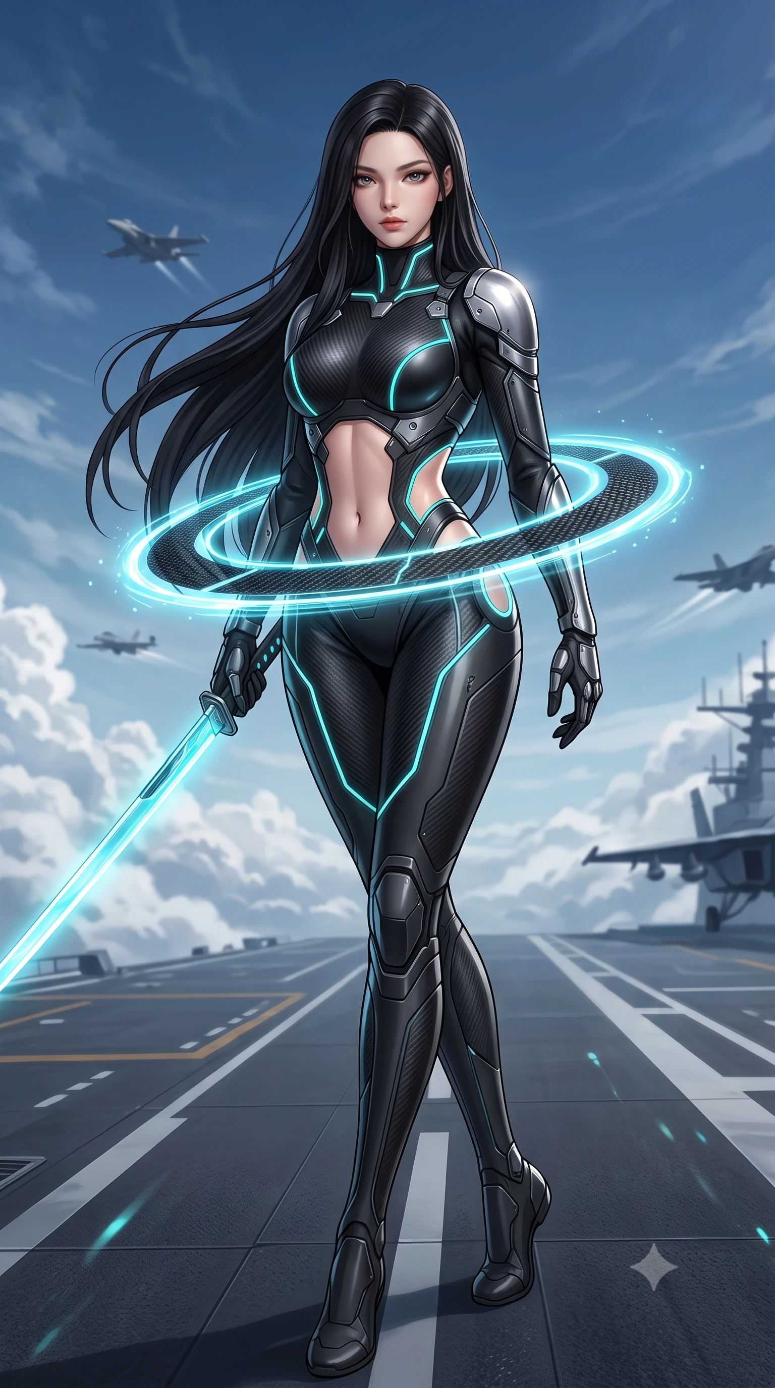 score_9, masterpiece, best quality, ultra-detailed, high-budget anime keyframe, semi-realistic 3D game render, editorial fashion photography, tasteful artistic composition, Korean woman. low angle full-body shot from head to toe showing her feet, filling the entire 9:16 vertical frame with her statuesque presence, stretching her vertical silhouette. pivoting dynamically in mid-motion with a breathtakingly alluring posture, displaying her flawless model proportions, toned flat midriff, and ultra-slim waist while pivoting dynamically as the orbiting funnel blades align into a radiant protective ring around her slender waist. The surrounding environment is rendered in vivid detail and crisp panoramic clarity. intricate carbon-fiber commander suit embroidery, distant cloud vapor crests, and aircraft silhouettes in high clarity. She has an absolutely perfect, statuesque 8.5-heads proportion, an exceptionally tall and slender model-like female figure with impossibly long slender legs, a toned flat midriff, and an ultra-slim waist. sharp v-shaped jawline, high-bridge nose, intricate jewel-like eyes with depth, thick eyelashes, glossy lips with a natural sheen, flawlessly proportioned anatomical accuracy, strict slender model proportions, natural body alignment, perfectly sculpted long slender limbs, ultra-slim waistline, clean dynamic posture without body distortion. wearing an aerodynamic matte-black carbon-fiber bodysuit with glowing neon cyan conduit lines, reinforced by polished titanium pauldrons, wielding a sleek holographic plasma katana with a brilliant energy blade in glacial ice-cyan carbon mesh with pure white armor plates, formed from high-gloss patent carbon-plating with specular chiaroscuro reflections, accented with glowing fiber-optic conduits tracing her collarbones and hip curves, the precision-cut daring openings accentuating her delicate midriff, graceful bare collarbones, and ultra-slim feminine waistline. illuminated by crisp specular highlights tracing her sculpted collarbones, waistline, and long slender legs. rich saturated anime colors with glowing neon highlights, detailed shading with soft gradients, rich glossy textures, high-contrast stereoscopic depth, volumetric dynamic lighting, master piece, 9:16 ratio