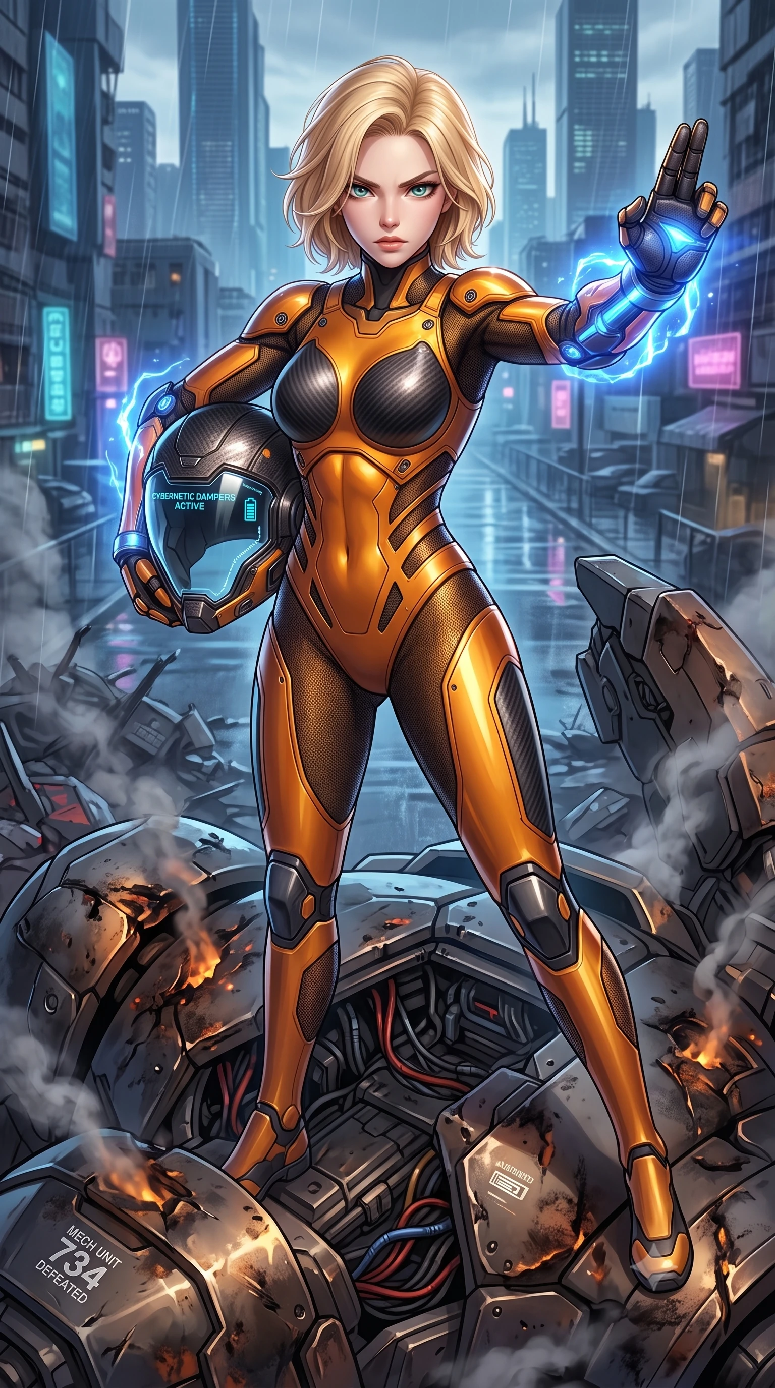 score_9, masterpiece, best quality, ultra-detailed, high-budget anime keyframe, semi-realistic 3D game render, editorial fashion photography, tasteful artistic composition, Caucasian woman. close-up cowboy shot from the waist and thighs up, the character dominates the composition, filling the frame with her large presence. twisting her upper body in a dynamic S-curve martial arts stance, cybernetic elbow dampers glowing with blue energy as she aims a focused palm strike while standing victorious atop the smoking armored carapace of a defeated colossal war-mech, holding her opened modular helmet under one arm. The surrounding environment is rendered in vivid detail and crisp panoramic clarity. detailed carbon helmet shell textures, transparent visor reflections, and scorched titanium armor plates in deep focus. She has an exceptionally elegant, slender, and willowy female figure with an ultra-slim waist, a gracefully sculpted slender torso, toned flat midriff, and a refined slim silhouette. sharp v-shaped jawline, high-bridge nose, intricate jewel-like eyes with depth, thick eyelashes, glossy lips with a natural sheen, fierce and resolute heroine expression, flawlessly proportioned anatomical accuracy, strict slender model proportions, natural body alignment, perfectly sculpted long slender limbs, ultra-slim waistline, clean dynamic posture without body distortion. wearing an open-face aerodynamic carbon-fiber combat helmet with a retracted transparent holographic HUD visor framing her sharp jawline and jewel-like eyes, paired with a form-contouring high-mobility battle-suit featuring sculpted carbon chest plating, diagonal midriff ventilation cutouts, and kinetic knee vambraces in molten amber-gold carbon cuirass with dark gunmetal weave, tailored from flexible second-skin ballistic carbon-mesh adhering flawlessly to her athletic build, detailed with kinetic shock-dampening knuckle guards and polished chrome connection joints, the sleek second-skin cut tightly hugging her graceful clavicle, narrow waist, and feminine curves with athletic precision. illuminated by crisp specular highlights sharply tracing her sculpted flat midriff, waist, and long slender legs. rich saturated anime colors with glowing neon highlights, detailed shading with soft gradients, rich glossy textures, high-contrast stereoscopic depth, volumetric dynamic lighting, master piece, 9:16 ratio