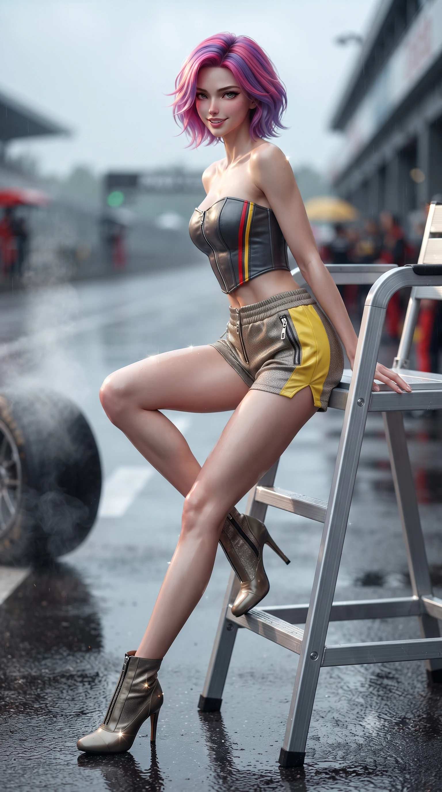 score_9, masterpiece, best quality, ultra-detailed, high-budget anime keyframe, editorial fashion photography, tasteful artistic composition, Caucasian woman. low angle full-body shot from head to toe showing her feet, filling the entire 9:16 vertical frame with her statuesque presence, stretching her vertical silhouette. sitting perched on the elevated umpire chair with legs crossed and hips angled toward the camera, displaying her toned midriff and long slender limbs with joyful, coquettish charm while leaning against the carbon-topped pit wall with hips cocked back, looking over her shoulder with an intoxicating, fearless racing queen smile. The background shows a soft-focus steaming tire rubber and wet track asphalt reflections softened in dramatic wet-race shallow focus. She has an absolutely perfect, statuesque 8.5-heads proportion, an exceptionally tall and slender model-like female figure with impossibly long slender legs, an ultra-slim waist, a flat toned midriff, narrow delicate ribcage, and beautifully sculpted feminine hips creating a graceful, slim hourglass silhouette without any bulky heaviness. sharp v-shaped jawline, high-bridge nose, sparkling eyes with athletic focus and depth, thick curled eyelashes, glossy parted lips with a natural coral-peach sheen, bright confident and coquettish smile with alluring bedroom-eyes, exuding both youthful sporty vigor and sovereign high-society glamour, flawlessly proportioned anatomical accuracy, strict slender model proportions, natural body alignment, perfectly sculpted long slender limbs, ultra-slim waistline, clean dynamic posture without body distortion. wearing a strapless structured leather corset top with racing stripe accents paired with high-waisted track shorts in warm oatmeal beige and deep Ferrari yellow, woven from metallic lurex and technical nylon with subtle starlight glints, finished with polished chrome zipper pulls and racing harness buckle hardware, the high-waisted wrap tailoring accentuating her ultra-slim waistline and the enchanting curve of her feminine hips with alluring sporty charm. illuminated by wet ground mirror reflections and sharp platinum rim lights carving her razor-sharp jawline, narrow waist, and curvy hips. ultra-reflective glossy finish, specular highlights, rich textural contrasts, high-contrast stereoscopic depth, volumetric dynamic lighting, 2k, ultra detail, master piece, 9:16 ratio