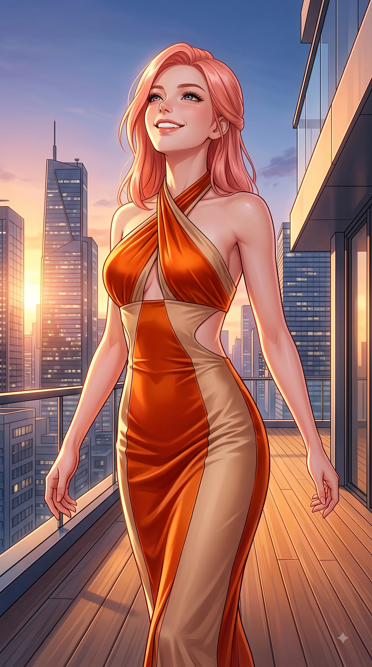 score_9, masterpiece, best quality, ultra-detailed, high-budget anime keyframe, editorial fashion photography, tasteful artistic composition, Japanese woman. close-up cowboy shot from the waist and thighs up, the character dominates the composition, filling the frame with her large presence. Tilting her chin up with a sweet beaming smile of pure delight while balancing dynamically amidst the scene while walking down a sunlit rooftop deck as golden hour paints the modern urban towers. The surrounding environment is rendered in vivid detail and crisp panoramic clarity. intricate city skyline details, twilight sky gradients, and modern architectural lines in high clarity. She has an exceptionally elegant, slender, and willowy female figure with an ultra-slim waist, a gracefully sculpted slender torso, and a refined silhouette. sharp v-shaped jawline, high-bridge nose, intricate jewel-like eyes with depth, thick eyelashes, glossy lips with a natural sheen, flawlessly proportioned anatomical accuracy, natural body alignment, perfectly sculpted elegant limbs, clean dynamic posture without body distortion. wearing a velvet halter-neck midi dress fitting her statuesque contour flawlessly in bright burnt orange and warm beige, crafted from smooth liquid silk satin, complemented by clean architectural cutouts along her slender torso, the elegant draped fit framing her graceful clavicle and slender torso. illuminated by crisp specular highlights and clear rim lighting. highly saturated vibrant anime colors, detailed shading with soft gradients, rich glossy textures, high-contrast stereoscopic depth, volumetric dynamic lighting, master piece, 9:16 ratio