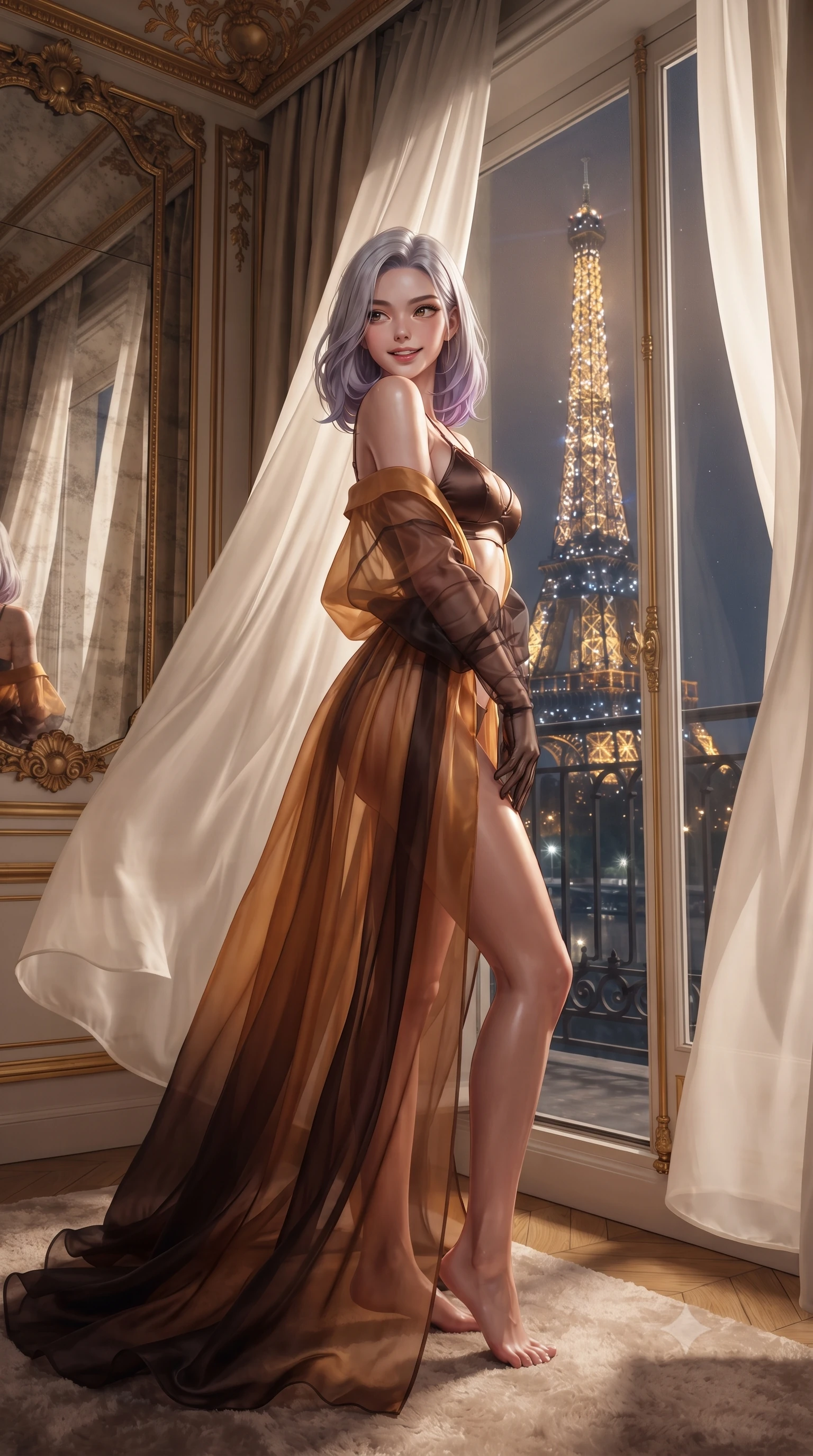 score_9, masterpiece, best quality, ultra-detailed, high-budget anime keyframe, editorial fashion photography, tasteful artistic composition, Caucasian woman. low angle full-body shot from head to toe showing her feet, filling the entire 9:16 vertical frame with her statuesque presence, stretching her vertical silhouette. posing in a classic haute-couture S-curve stance beside the floor-to-ceiling window, looking over a bare shoulder with magnetic presence while standing poised beside the floor-to-ceiling French balcony doors draped in billowing ivory silk, arching her lower back with magnetic nocturnal glamour as the illuminated Eiffel Tower sparkles in the midnight mist. The surrounding environment is rendered in vivid detail and crisp panoramic clarity: sharp carved rococo boiserie gold leaf trim, bevelled antique mirror reflections, and plush silk carpet pile in deep focus. She has an exceptionally tall and slender model-like 8.5-heads proportion, an ultra-slim waist, a flat toned midriff, narrow delicate ribcage, and beautifully sculpted feminine hips creating a graceful, slim hourglass silhouette without any bulky heaviness, with impossibly long slender legs. sharp v-shaped jawline, high-bridge nose, intricate jewel-like sparkling eyes with depth, thick eyelashes, glossy parted lips with a natural peach sheen, bright cheerful beaming smile with an enchanting and coquettish sensual glint, exuding both youthful cute charm and seductive allure, flawlessly proportioned anatomical accuracy, strict slender model proportions, natural body alignment, perfectly sculpted long slender limbs, ultra-slim waistline, clean dynamic posture without body distortion. wearing a flowing gossamer silk organza boudoir peignoir slipping off one shoulder over a form-fitting satin bralette in Hannam-dong glowing amber and rich dark espresso, made of sheer gossamer chiffon that drapes softly against skin with airy translucence, complemented by sheer opera-length evening gloves tracing her slender arms, the form-contouring silhouette accentuating her sculpted flat midriff, narrow delicate ribcage, and gracefully curvy hips with intoxicating allure. illuminated by mirror reflection bounce and sharp champagne-gold rim lights sculpting her razor-sharp jawline, narrow waist, and curvy hips. ultra-reflective glossy finish, specular highlights, rich textural contrasts, high-contrast stereoscopic depth, volumetric dynamic lighting, 2k, ultra detail, master piece, 9:16 ratio