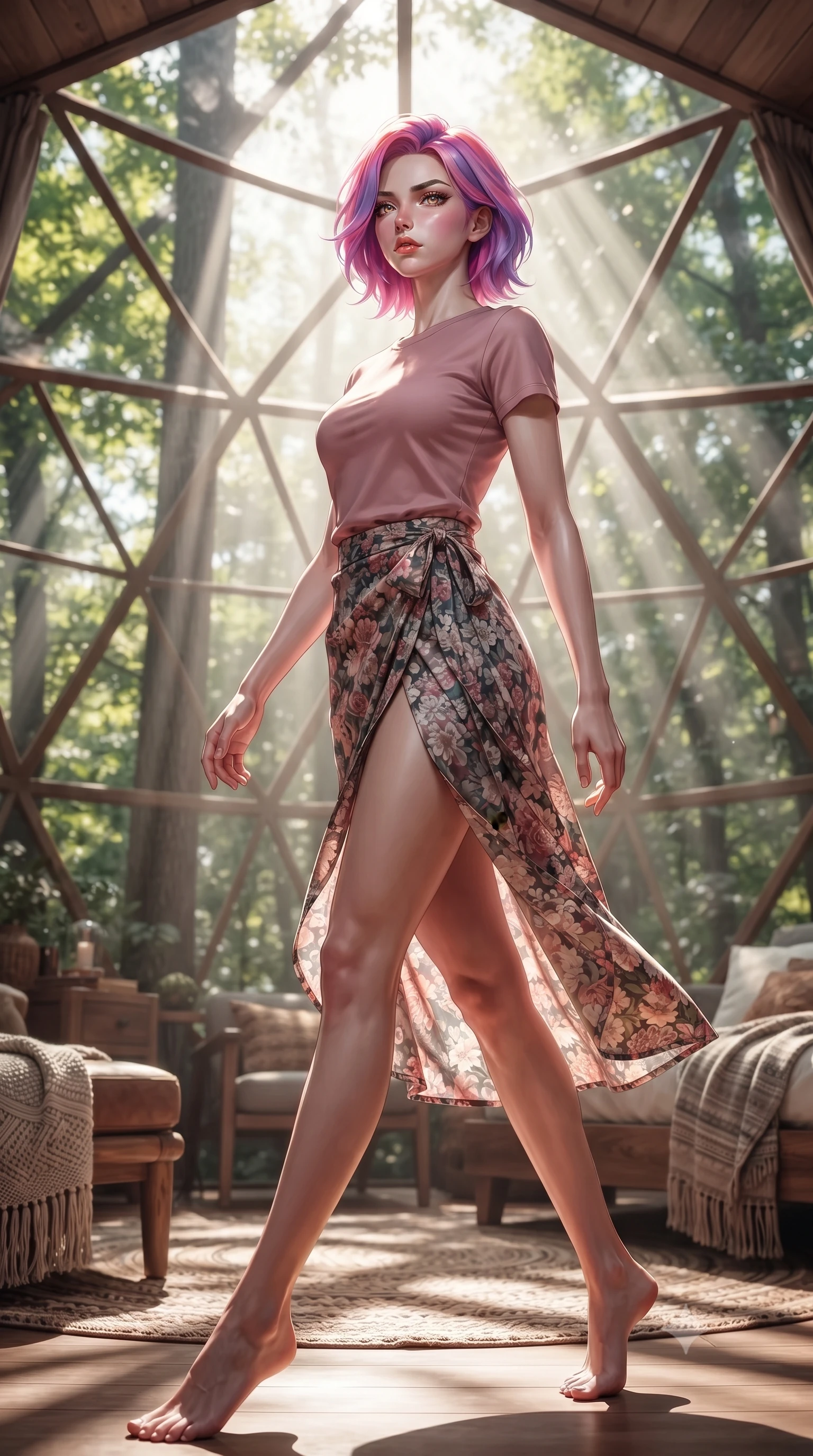 score_9, masterpiece, best quality, ultra-detailed, high-budget anime keyframe, editorial fashion photography, tasteful artistic composition, Caucasian woman. low angle full-body shot from head to toe showing her feet, filling the entire 9:16 vertical frame with her statuesque presence, stretching her vertical silhouette. stepping gracefully while looking back over her shoulder, her dress draped tightly to reveal her silhouette the background shows a soft-focus the interior of a treehouse glamping dome high in the canopy of a forest. She has an absolutely perfect, statuesque 8.5-heads proportion, an exceptionally tall and slender model-like female figure with impossibly long slender legs and an ultra-slim waist. sharp v-shaped jawline, high-bridge nose, intricate jewel-like eyes with depth, thick eyelashes, glossy lips with a natural sheen. wearing a slim-fit simple crewneck t-shirt in dusty pink paired with a floral print wrap skirt. sun rays slicing through the tree leaves, creating dramatic volumetric shafts of light. ultra-reflective glossy finish, specular highlights, metallic sheen, high-contrast stereoscopic depth, volumetric dynamic lighting, 2k, ultra detail, master piece, 9:16 ratio