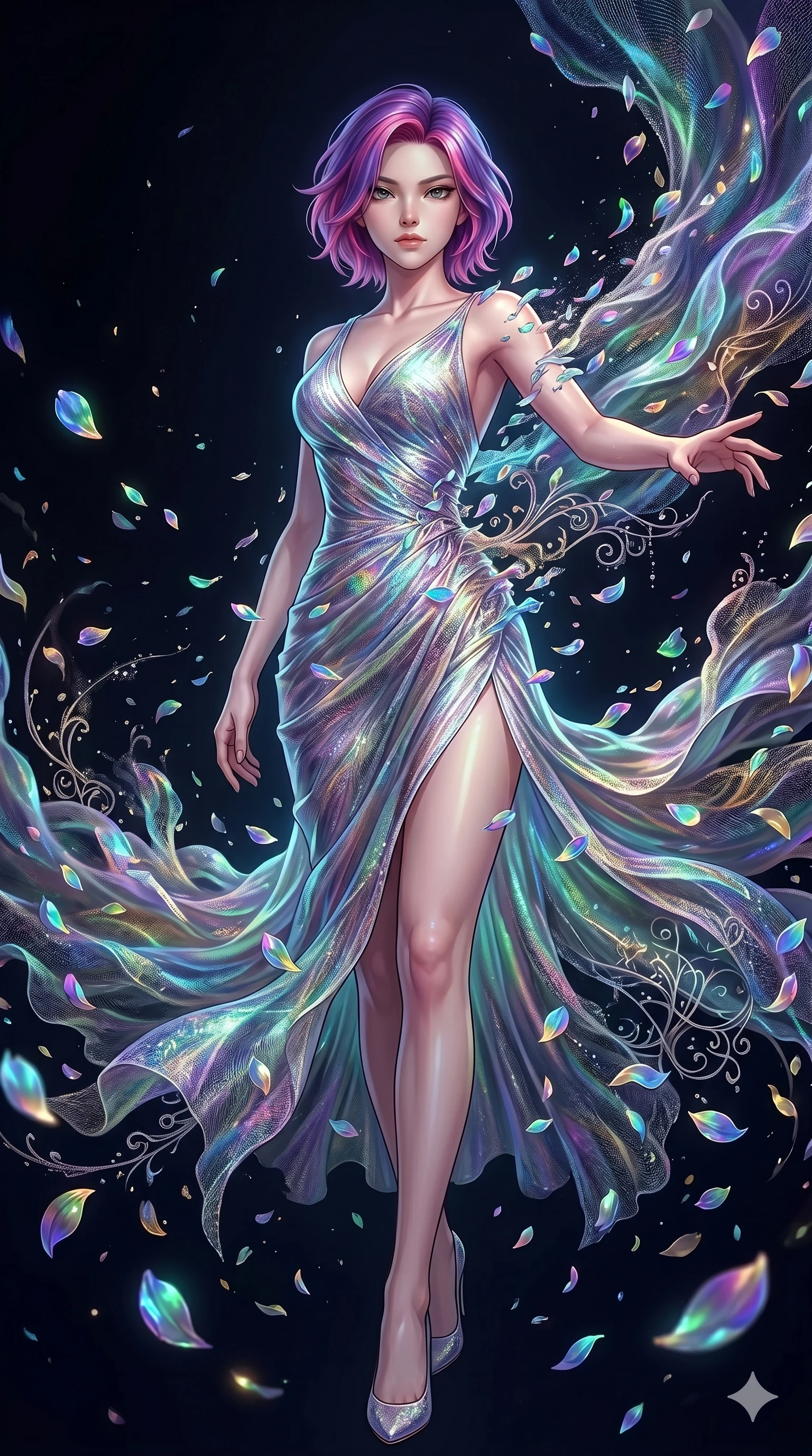 score_9, masterpiece, best quality, ultra-detailed, High-budget Anime Keyframe, East Asian woman. Low angle cowboy shot filling the entire 9:16 frame with her statuesque presence. Scenario 111: Dissolving into a cloud of iridescent silk petals in a void. Her presence is magnetic and overpowering in this high-budget anime scene. Outfit 111: A shimmering chiffon dangerous with a thigh-high slit and tight-fitting silhouette. The clothing is designed to emphasize her exceptionally tall and slender 8-heads proportion. 8-heads proportion, towering silhouette, ultra-slim waist. sharp v-shaped jawline, intricate jewel-like eyes with depth, thick eyelashes, glossy lips. 2k, ultra detail, master piece, 9:16 ratio