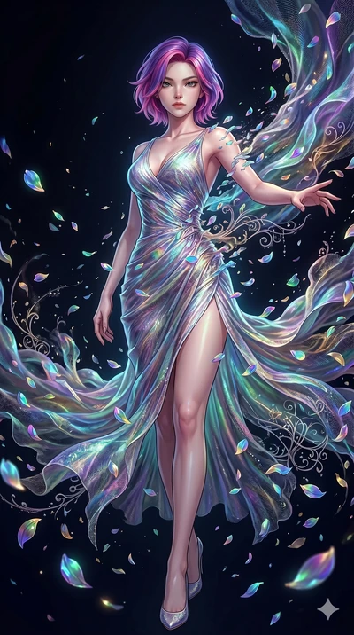 score_9, masterpiece, best quality, ultra-detailed, High-budget Anime Keyframe, East Asian woman. Low angle cowboy shot filling the entire 9:16 frame with her statuesque presence. Scenario 111: Dissolving into a cloud of iridescent silk petals in a v