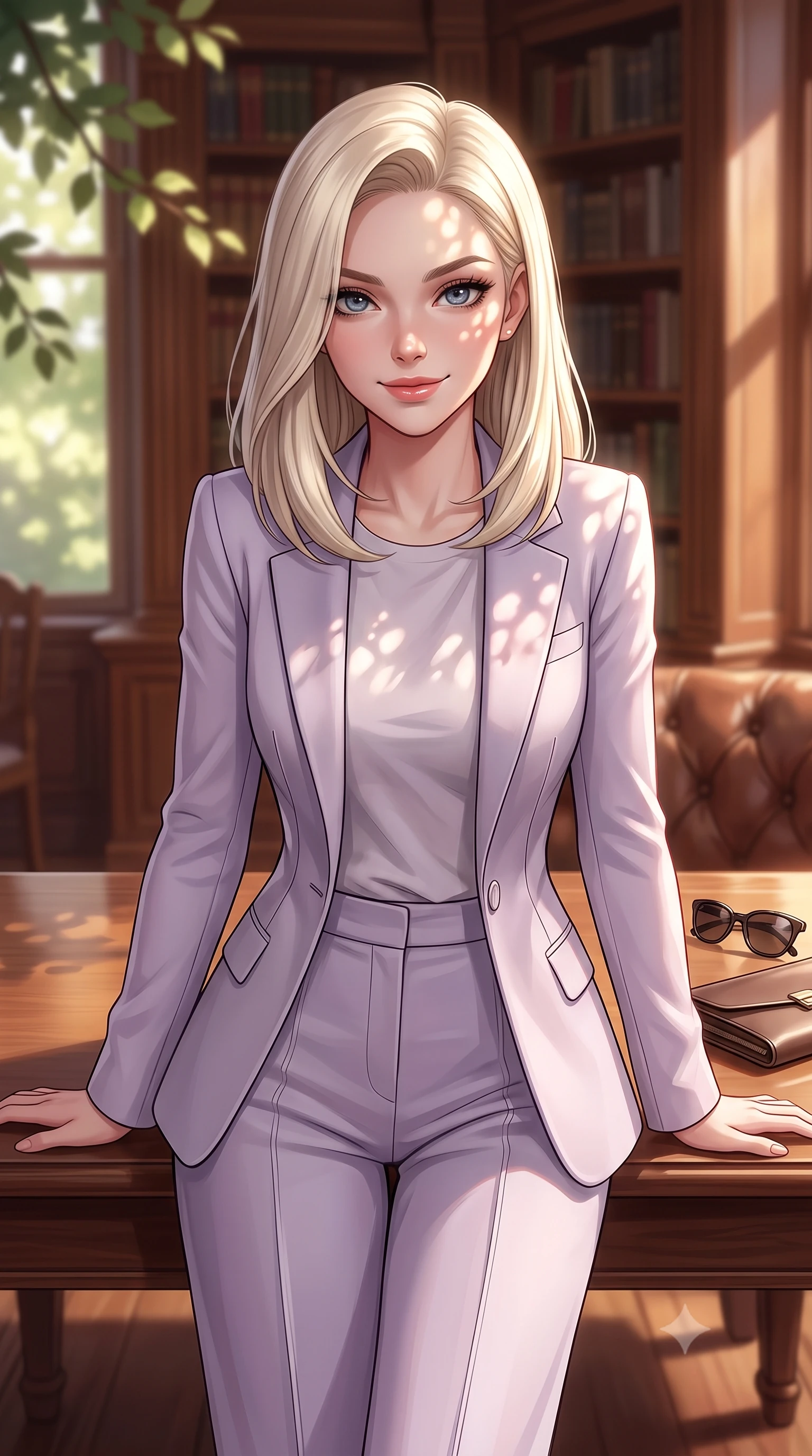score_9, masterpiece, best quality, ultra-detailed, high-budget anime keyframe, editorial fashion photography, tasteful artistic composition, Caucasian woman. close-up cowboy shot from the waist and thighs up, the character dominates the composition, filling the frame with her large presence, background elements kept in soft focus. leaning slightly forward over the table with a playful, magnetic smile that locks direct eye contact set against a soft-focus background of inside an exclusive historic manor library with a pair of designer sunglasses and a sleek leather clutch bag on the lounger. She has an exceptionally elegant, slender, and willowy female figure with an ultra-slim waist, a gracefully sculpted slender torso, and a refined silhouette. sharp v-shaped jawline, high-bridge nose, intricate jewel-like eyes with depth, thick eyelashes, glossy lips with a natural sheen. wearing form-contouring pale lavender contouring mesh tailored casual blazer paired with a loose tee and wide-leg trousers featuring refined tailored seams. highlighted by dappled sunlight filtering through leafy branches, creating soft organic patterns. highly saturated vibrant anime colors, detailed shading with soft gradients, rich glossy textures, high-contrast stereoscopic depth, volumetric dynamic lighting, master piece, 9:16 ratio