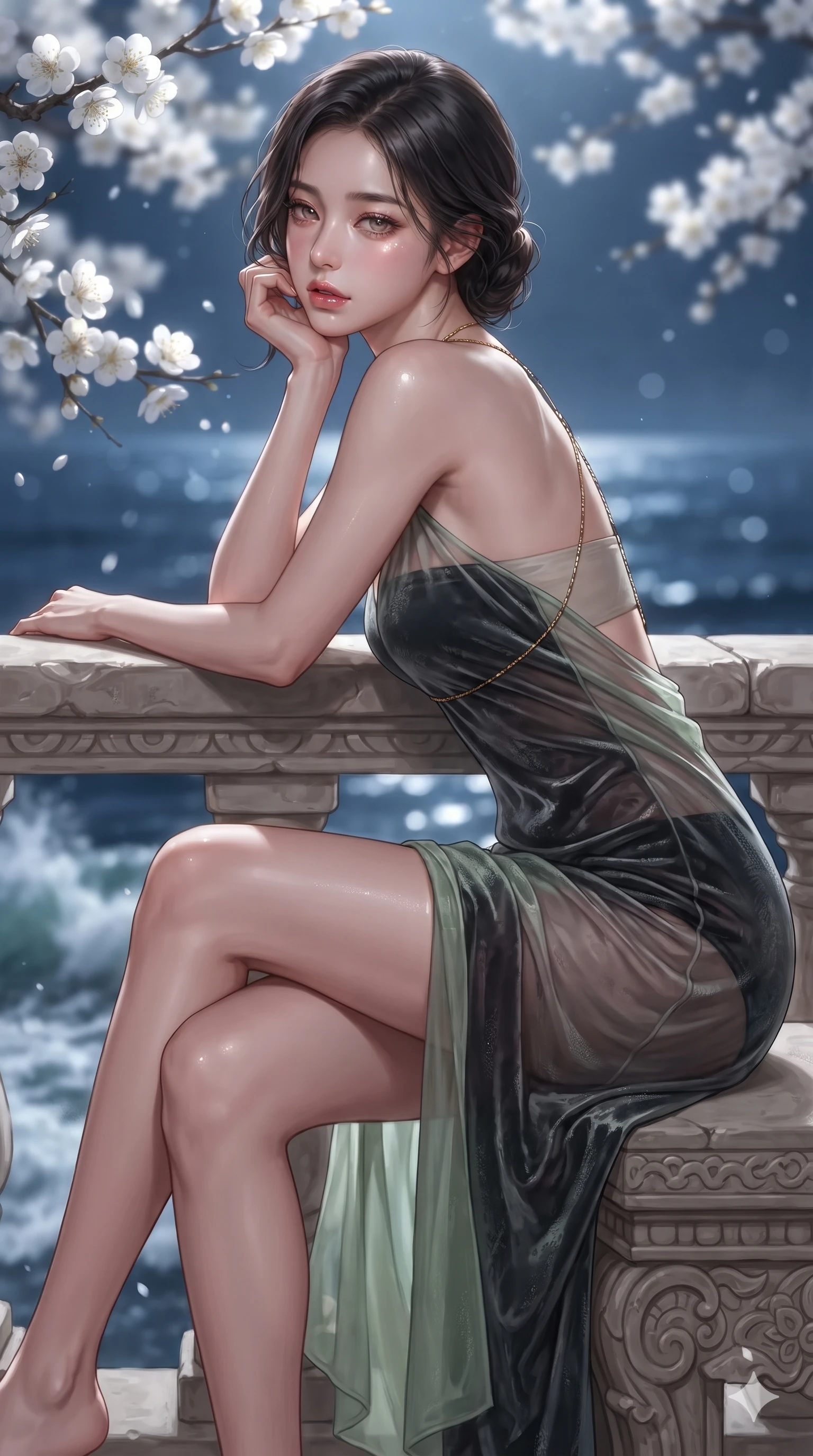 score_9, masterpiece, best quality, ultra-detailed, high-budget anime keyframe, editorial fashion photography, tasteful artistic composition, Korean woman. close-up cowboy shot from the waist and thighs up, the character dominates the composition, filling the frame with her large presence. resting one elbow on the lacquered balustrade and supporting her chin, leaning close to the camera with heavy-lidded sparkling eyes and parted lips while perched sideways on the stone bench with legs crossed, looking over a bare shoulder with parted glossy lips in an irresistible siren gaze. The background shows a soft-focus cascading white plum blossoms, crashing ocean surf far below, and endless midnight sea horizon blurred into pure white, sapphire, and cobalt bokeh. She has an exceptionally elegant, slender, and willowy female figure with an ultra-slim waist, flat toned midriff, narrow ribcage, and sculpted feminine hips creating an alluring, slim hourglass silhouette without bulk. sharp v-shaped jawline, high-bridge nose, sparkling eyes with hypnotic seductive depth, thick curled eyelashes, glossy parted lips with a natural dewy peach sheen, alluring bedroom-eyes with an enchanting coquettish smile, exuding magnetic siren charisma and sophisticated glamour, flawlessly proportioned anatomical accuracy, strict slender model proportions, natural body alignment, perfectly sculpted long slender limbs, ultra-slim waistline, clean dynamic posture without body distortion. wearing a delicately layered semi-sheer gossamer nobang hanbok slip dress revealing her sculpted silhouette over an opaque micro-bandeau and briefs in soft lotus rose and morning dew sage green, tailored from crushed dark velvet with deep light-absorbing plush texture, accented with a gold body chain harness subtly framing her dewy collarbones and spine, the impeccably tailored cut draping gracefully along her slender figure with aristocratic eastern poise. bathed in brilliant 4500K celestial moonlight washing across white plum blossoms and carved stone balustrades. ultra-reflective glossy finish, specular highlights, rich textural contrasts, high-contrast stereoscopic depth, volumetric dynamic lighting, 2k, ultra detail, master piece, 9:16 ratio