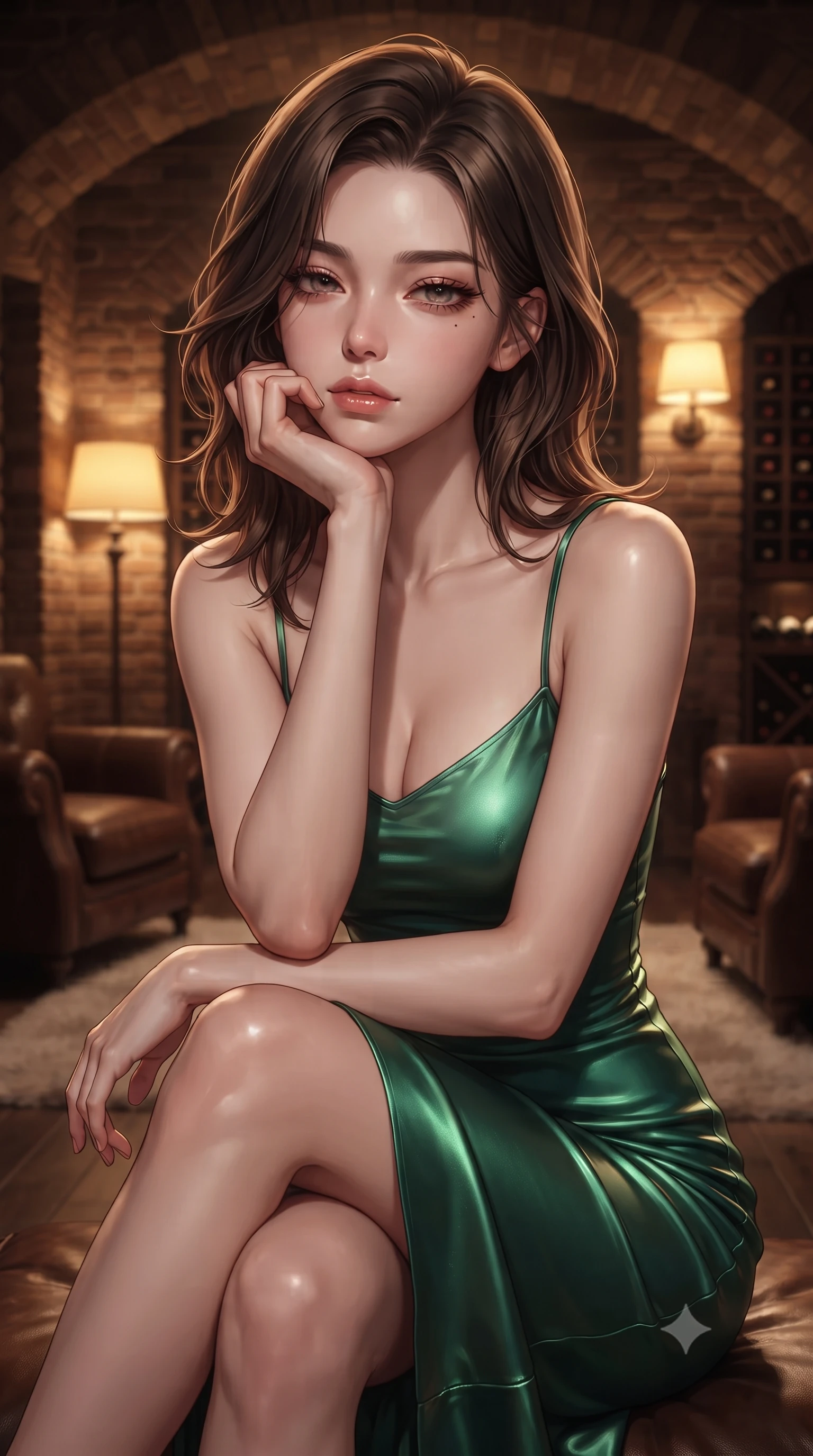 score_9, masterpiece, best quality, ultra-detailed, high-budget anime keyframe, editorial fashion photography, tasteful artistic composition, Korean woman woman. close-up cowboy shot from the waist and thighs up, the character dominates the composition, filling the frame with her large presence, background elements kept in soft focus. resting her chin on the backs of her fingers, casting a heavy-lidded, sultry look past the camera the background shows a soft-focus a dimly lit brick-walled wine cellar with leather armchairs and soft rugs. She has an exceptionally elegant, slender, and willowy female figure with an ultra-slim waist, a gracefully sculpted slender torso, and a refined silhouette. sharp v-shaped jawline, high-bridge nose, intricate jewel-like eyes with depth, thick eyelashes, glossy lips with a natural sheen. wearing a tailored form-contouring emerald green silk slip dress that hugs her slender waist and hips. warm yellow lamplight casting cozy, soft shadows on the brick arches. ultra-reflective glossy finish, specular highlights, metallic sheen, high-contrast stereoscopic depth, volumetric dynamic lighting, 2k, ultra detail, master piece, 9:16 ratio