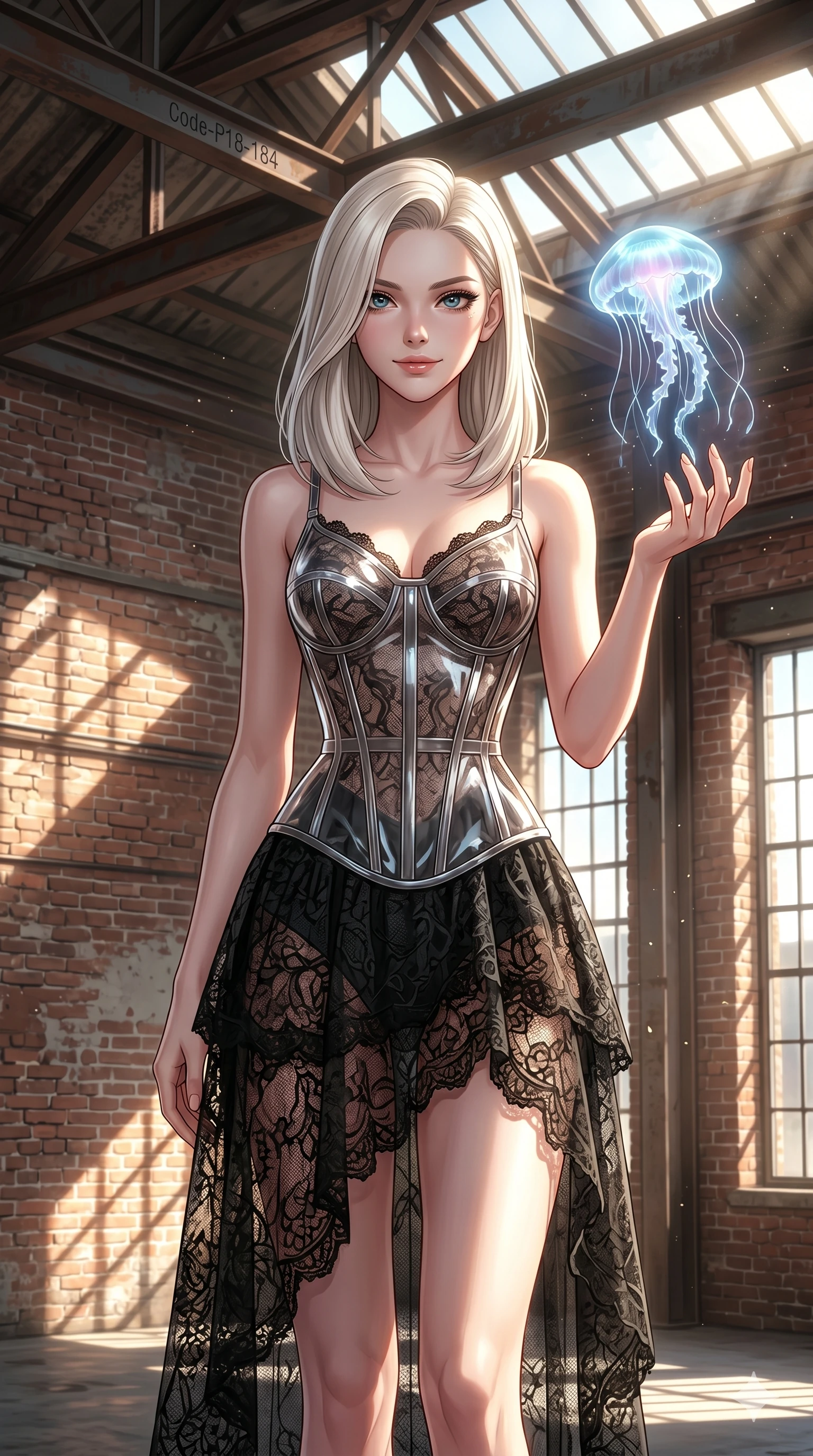 score_9, masterpiece, best quality, ultra-detailed, high-budget anime keyframe, editorial fashion photography, tasteful artistic composition, Caucasian woman, strictly human ears. cowboy shot from the thighs up, character and outfit filling the frame for maximum editorial presence. reaching a hand toward a floating jellyfish, looking at the camera with a mystical smile inside an industrial brick warehouse with exposed steel ceiling beams (Code-P18-184). She has an absolutely perfect 8-heads proportion, an exceptionally tall and slender female figure with impossibly long slender legs and an ultra-slim waist. V-shaped jawline, high-bridge nose, intricate jewel-like eyes with depth, thick eyelashes, glossy lips with a natural sheen. wearing a transparent PVC corset over a black lace dress. drenched in brilliant afternoon sunshine, highlighting her sleek silhouette and smooth skin. 2k, ultra detail, master piece, 9:16 ratio