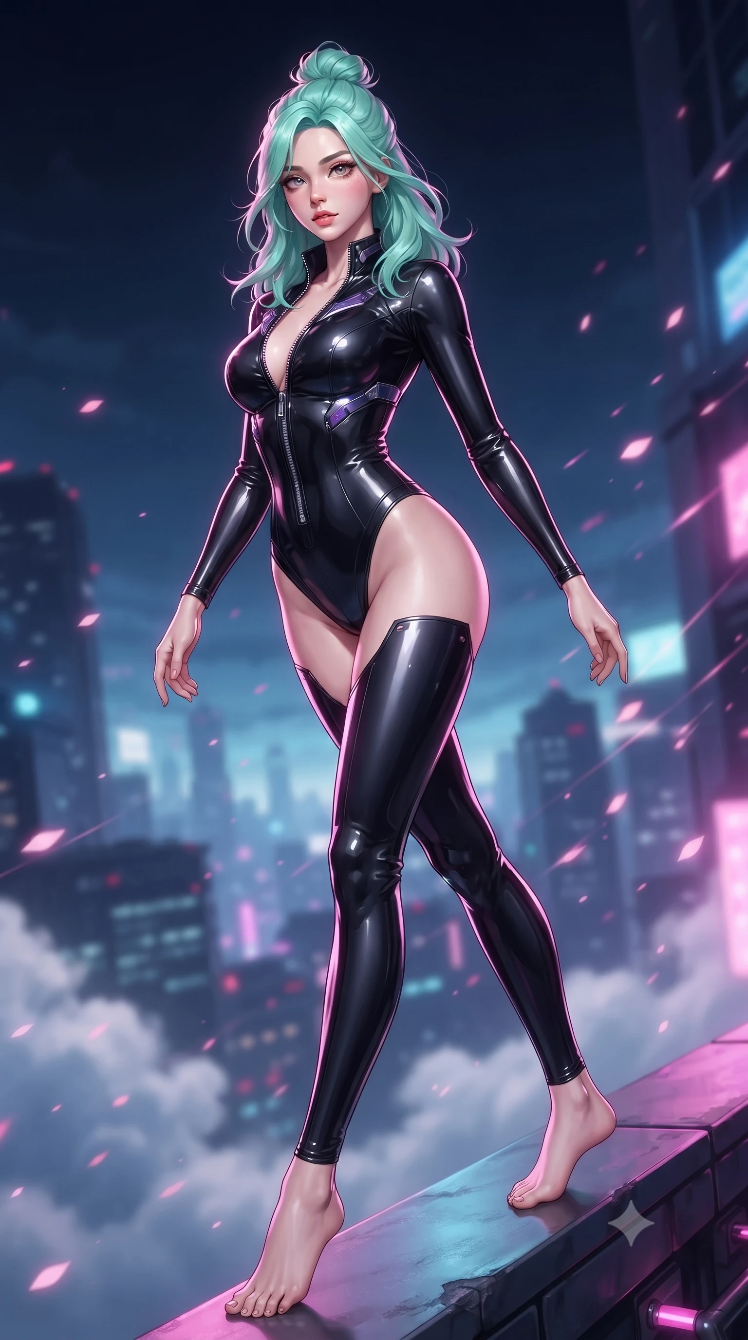 score_9, masterpiece, best quality, ultra-detailed, high-budget anime keyframe, editorial fashion photography, tasteful artistic composition, Japanese woman. low angle full-body shot from head to toe showing her feet, filling the entire 9:16 vertical frame with her statuesque presence, stretching her vertical silhouette. pivoting dynamically in mid-motion with a breathtakingly alluring posture, displaying her flawless model proportions and ultra-slim waist while balancing with flawless poise on a neon-lit parapet high above the futuristic city clouds. The composition keeps background elements in soft focus with creamy bokeh. pink neon fog and streaming particle trails blurred smoothly into a breathtaking backdrop. She has an absolutely perfect, statuesque 8.5-heads proportion, an exceptionally tall and slender model-like female figure with impossibly long slender legs and an ultra-slim waist. sharp v-shaped jawline, high-bridge nose, intricate jewel-like eyes with depth, thick eyelashes, glossy lips with a natural sheen, flawlessly proportioned anatomical accuracy, natural body alignment, perfectly sculpted elegant limbs, clean dynamic posture without body distortion. wearing a glossy black second-skin latex bodysuit with high-thigh cuts, exposed clavicle neckline, and gleaming zipper details in dark amethyst purple and shimmering starlight silver, crafted from ultra-reflective second-skin latex with a glass-like polish, featuring a dangerously unzipped neckline framed by glowing cybernetic accents, the sleek aerodynamic cut emphasizing her magnetic presence and alluring physical grace. illuminated by electric pink neon glow from sakura petals and deep blue urban night fill. ultra-reflective glossy finish, specular highlights, metallic sheen, high-contrast stereoscopic depth, volumetric dynamic lighting, 2k, ultra detail, master piece, 9:16 ratio