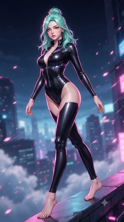score_9, masterpiece, best quality, ultra-detailed, high-budget anime keyframe, editorial fashion photography, tasteful artistic composition, Japanese woman. low angle full-body shot from head to toe showing her feet, filling the entire 9:16 vertical