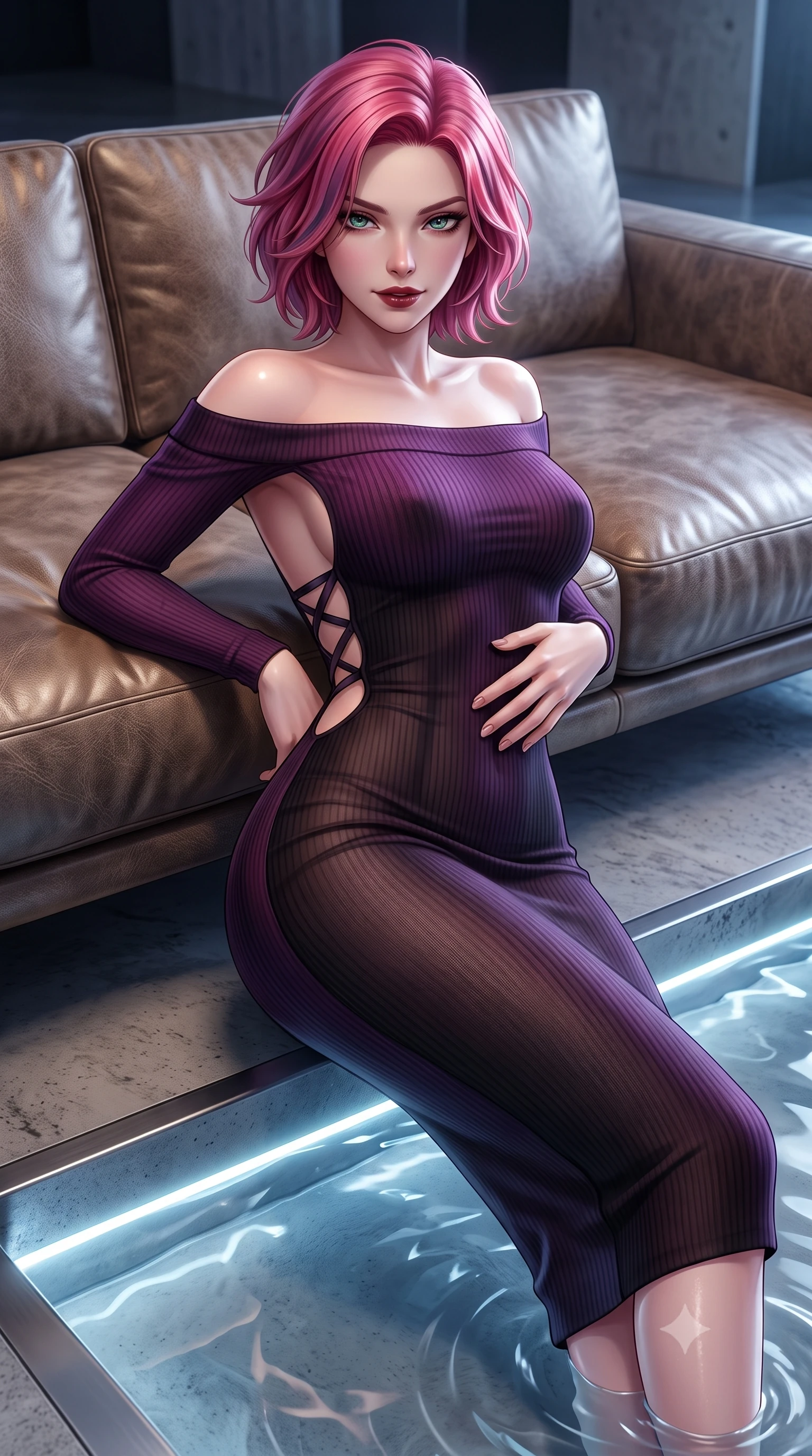 score_9, masterpiece, best quality, ultra-detailed, high-budget anime keyframe, semi-realistic 3D game render, editorial fashion photography, tasteful artistic composition, Caucasian woman. close-up cowboy shot from the waist and thighs up, the character dominates the composition, filling the frame with her large presence. leaning back against the leather lounge with relaxed seductive grace, one hand resting on her flat midriff as her narrow waist and curvy hips command the frame while standing poised in the center of the shallow reflection basin with hips cocked back, casting an ethereal, dangerous bedroom-gaze toward the camera. The surrounding environment is rendered in vivid detail and crisp panoramic clarity. detailed evening dress drape, moonlight sheen on skin, and modern brutalist-luxury chamber clarity in high resolution. She has an exceptionally elegant, slender, and willowy female figure with an ultra-slim waist, flat toned midriff, narrow ribcage, and sculpted feminine hips creating an alluring, slim hourglass silhouette without bulk. sharp v-shaped jawline, high-bridge nose, intricate jewel-like dark sparkling eyes with dangerous depth, thick curled eyelashes, glossy parted lips with a rich wine sheen, smoldering seductive half-smile with bedroom-eyes, exuding effortless superiority and intoxicating dark allure, flawlessly proportioned anatomical accuracy, strict slender model proportions, natural body alignment, perfectly sculpted long slender limbs, ultra-slim waistline, clean dynamic posture without body distortion. wearing a form-contouring off-shoulder ribbed cashmere bodycon midi dress with a low-back scoop in rich plum violet and deep onyx black, made of semi-opaque dark contouring mesh clinging like a second skin, featuring a dramatic criss-cross satin back lacing tracing her slender spine, the form-contouring cut accentuating her sculpted flat midriff, narrow delicate ribcage, and gracefully curvy hips with sovereign high-fashion precision. illuminated by subtle underwater fiber-optic perimeter lights and crisp platinum rim lighting sharply carving her slim torso, narrow waist, and curvy hips. highly saturated vibrant anime colors, detailed shading with soft gradients, rich glossy textures, high-contrast stereoscopic depth, volumetric dynamic lighting, master piece, 9:16 ratio