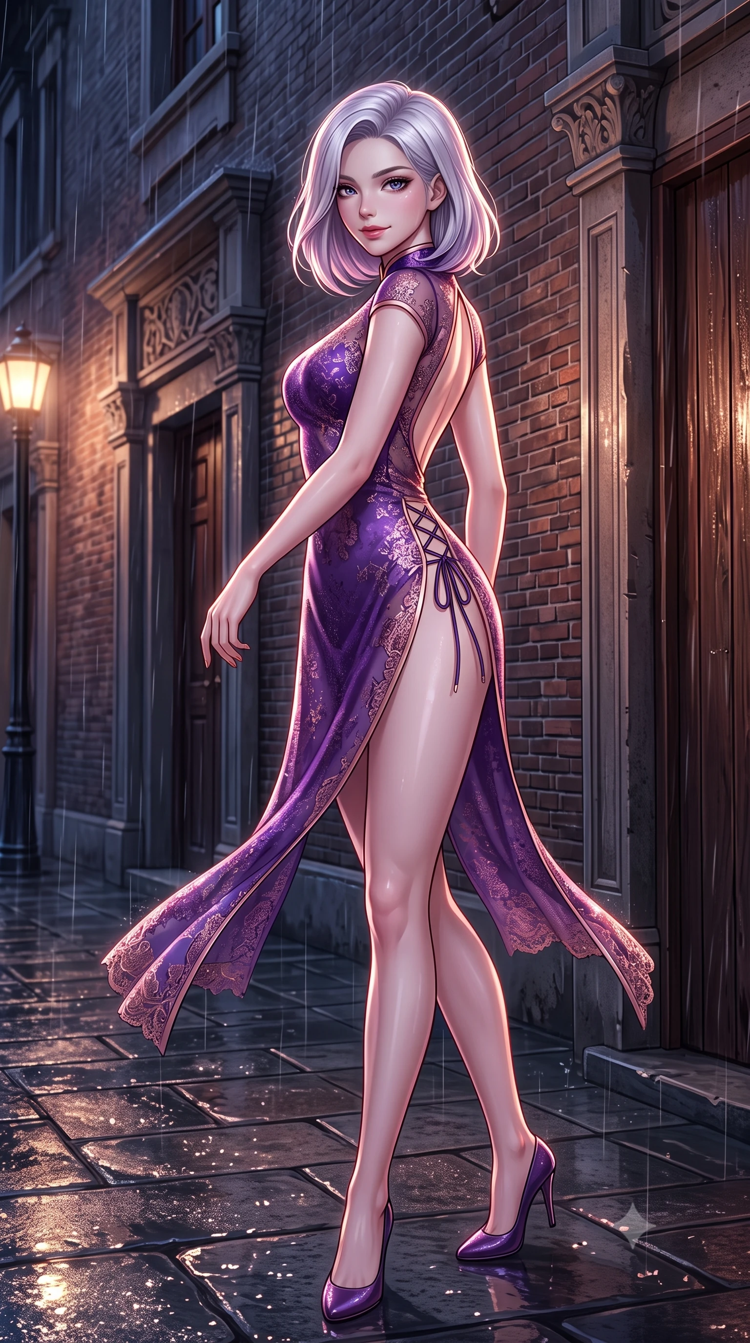score_9, masterpiece, best quality, ultra-detailed, high-budget anime keyframe, semi-realistic 3D game render, editorial fashion photography, tasteful artistic composition, Caucasian woman. low angle full-body shot from head to toe showing her feet, filling the entire 9:16 vertical frame with her statuesque presence, stretching her vertical silhouette. executing a slow, graceful pivot turn as her skirt sways around her slender legs, glancing back with an enchanting, teasing sensual expression while twisting her slender torso in an alluring S-curve, glistening rain droplets and lantern light tracing her dewy skin and narrow waist. The surrounding environment is rendered in vivid detail and crisp panoramic clarity: sharp Shikumen carved stone pediment lintels, traditional brick bond masonry, and wet timber plank grain in deep focus. She has an exceptionally tall and slender model-like 8.5-heads proportion, an ultra-slim waist, a flat toned midriff, narrow delicate ribcage, and beautifully sculpted feminine hips creating a graceful, slim hourglass silhouette without any bulky heaviness, with impossibly long slender legs. sharp v-shaped jawline, high-bridge nose, intricate jewel-like sparkling eyes with depth, thick eyelashes, glossy parted lips with a natural peach sheen, bright cheerful beaming smile with an enchanting and coquettish sensual glint, exuding both youthful cute charm and seductive allure, flawlessly proportioned anatomical accuracy, strict slender model proportions, natural body alignment, perfectly sculpted long slender limbs, ultra-slim waistline, clean dynamic posture without body distortion. wearing a delicate sheer Chantilly lace cheongsam teddy with open mandarin collar and deep keyhole back in orbital nebula violet and luminescent rose gold, made of fluid liquid jersey with seamless sculpting hold and smooth contours, featuring fine criss-cross lace-up side ties revealing tantalizing glimpses of her hip curve, the glove-like clinging cut tightly following the natural contour of her hips and long slender legs with youthful 8.5-heads elegance. illuminated by wet ground specular highlights and sharp rose-gold rim lights sculpting her jawline, flat midriff, and curvy hips. highly saturated vibrant anime colors, detailed shading with soft gradients, rich glossy textures, high-contrast stereoscopic depth, volumetric dynamic lighting, master piece, 9:16 ratio