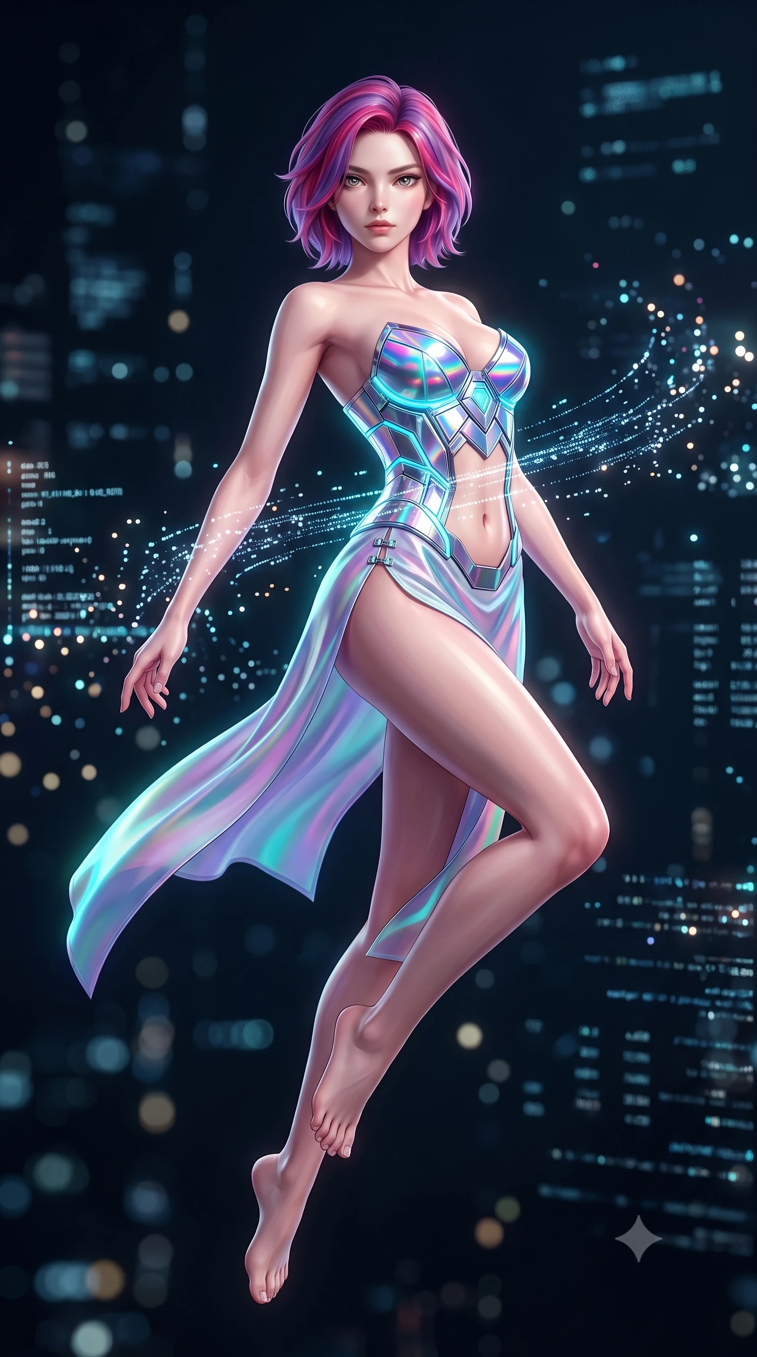 score_9, masterpiece, best quality, ultra-detailed, high-budget anime keyframe, semi-realistic 3D game render, editorial fashion photography, tasteful artistic composition, Caucasian woman. low angle full-body shot from head to toe showing her feet, filling the entire 9:16 vertical frame with her statuesque presence, stretching her vertical silhouette. performing an alluring mid-air vault with flawless poise, looking directly into the camera with regal, divine intensity while arching her back gracefully in zero-gravity as streams of illuminated data particles trace her sculpted flat midriff and torso. The composition keeps background elements in soft focus with creamy bokeh. sparkling holographic data bits scattering soft glowing light motes across a deep tech backdrop. She has an absolutely perfect, statuesque 8.5-heads proportion, an exceptionally tall and slender model-like female figure with impossibly long slender legs, a toned flat midriff, and an ultra-slim waist. sharp v-shaped jawline, high-bridge nose, intricate jewel-like eyes with depth, thick eyelashes, glossy lips with a natural sheen, flawlessly proportioned anatomical accuracy, strict slender model proportions, natural body alignment, perfectly sculpted long slender limbs, ultra-slim waistline, clean dynamic posture without body distortion. wearing a precision-tailored holographic cyber-corset with geometric iridescent plating and an ultra-slim waist-cinching silhouette in polished mirror chrome and glowing electric cyan neon, made of smooth flowing silk chiffon that shifts colors with movement, finished with an ultra-high side slit secured by miniature magnetic clasps, the precision-cut daring openings accentuating her delicate midriff, graceful bare collarbones, and ultra-slim feminine waistline. surrounded by an omniscient, divine, and radiantly transcendent digital muse aura. rich saturated anime colors with glowing neon highlights, detailed shading with soft gradients, rich glossy textures, high-contrast stereoscopic depth, volumetric dynamic lighting, master piece, 9:16 ratio