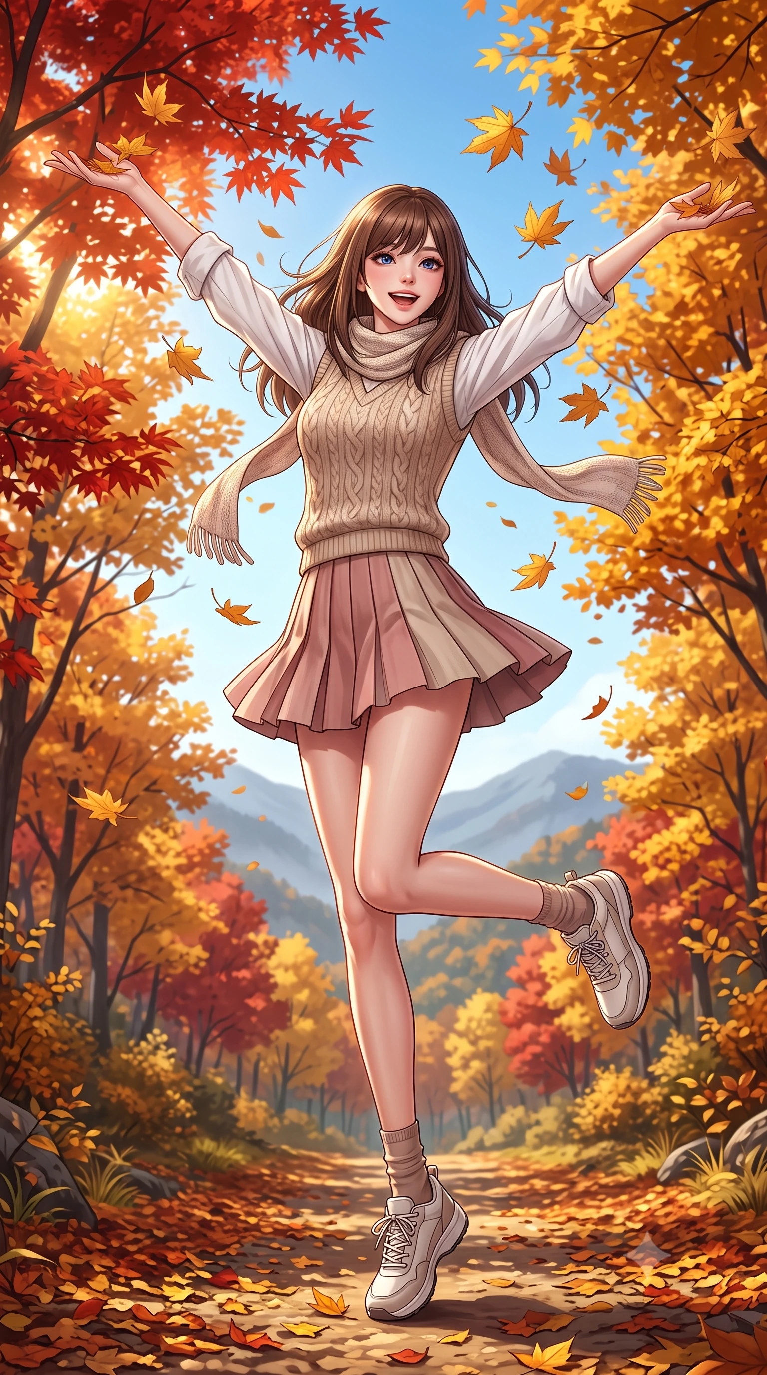 score_9, masterpiece, best quality, ultra-detailed, high-budget anime keyframe, semi-realistic 3D game render, editorial fashion photography, tasteful artistic composition, Korean woman. low angle full-body shot from head to toe showing her feet, filling the entire 9:16 vertical frame with her statuesque presence, stretching her vertical silhouette. leaping with lighthearted youthful energy across the natural path with a dazzling bright smile and balanced athletic poise while tossing a handful of golden maple leaves into the crisp autumn air with a bright, childlike laugh. The surrounding environment is rendered in vivid detail and crisp panoramic clarity. vibrant autumn forest gradients, distant misty mountain ridges, and clear blue autumn skies in high clarity. She has an absolutely perfect, statuesque 8.5-heads proportion, an exceptionally tall and slender model-like female figure with impossibly long slender legs, a toned flat midriff, and an ultra-slim waist. sharp v-shaped jawline, high-bridge nose, intricate jewel-like eyes with depth, thick eyelashes, glossy lips with a natural sheen, pure and lovely fresh girlhood expression, flawlessly proportioned anatomical accuracy, strict slender model proportions, natural body alignment, perfectly sculpted long slender limbs, ultra-slim waistline, clean dynamic posture without body distortion. wearing a cozy cable-knit sweater vest layered over an oversized crisp white shirt and a pleated tennis skirt in soft dusty rose and oatmeal beige, crafted from soft breathable linen that flutters gently in the breeze, finished with a lightweight knitted scarf draped loosely around her neck, the breezy lightweight fabric fluttering softly against her delicate collarbones, narrow waist, and feminine curves. bathed in warm amber afternoon autumn sunlight filtering through glowing red and gold canopies. highly saturated vibrant anime colors, detailed shading with soft gradients, rich glossy textures, high-contrast stereoscopic depth, volumetric dynamic lighting, master piece, 9:16 ratio