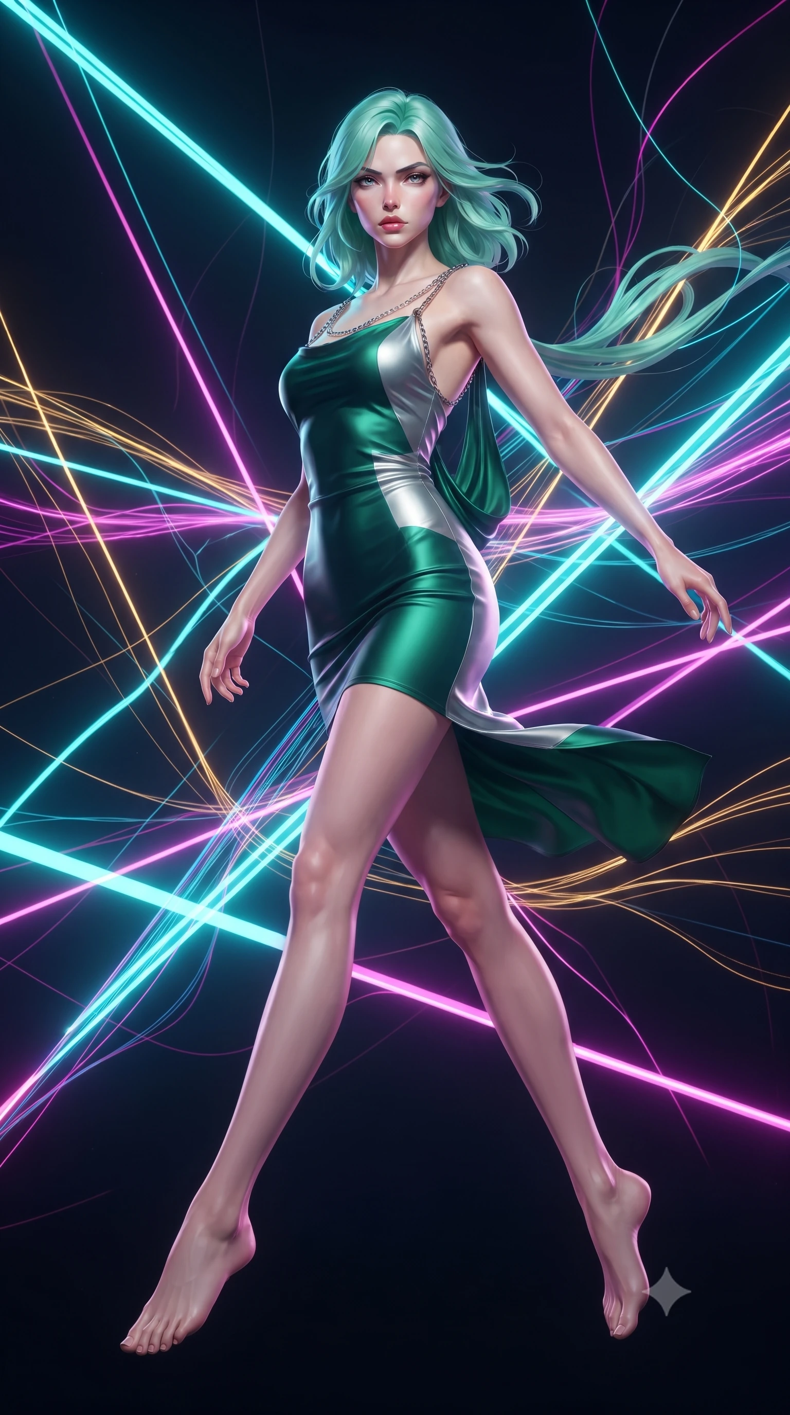 score_9, masterpiece, best quality, ultra-detailed, high-budget anime keyframe, editorial fashion photography, tasteful artistic composition, Japanese woman. low angle full-body shot from head to toe showing her feet, filling the entire 9:16 vertical frame with her statuesque presence, stretching her vertical silhouette. pivoting dynamically in zero-gravity with fluid body alignment, displaying her perfect model proportions while leaping across a geometric light matrix with glowing filament threads fluttering behind her, fluorescent cyan, magenta, and gold plasma ribbons crossing in 3D space. She has an absolutely perfect, statuesque 8.5-heads proportion, an exceptionally tall and slender model-like female figure with impossibly long slender legs and an ultra-slim waist. sharp v-shaped jawline, high-bridge nose, intricate jewel-like eyes with depth, thick eyelashes, glossy lips with a natural sheen, flawlessly proportioned anatomical accuracy, natural body alignment, perfectly sculpted elegant limbs, clean dynamic posture without body distortion. wearing a precision-fitted liquid jersey bodycon dress with a graceful draped back in deep emerald green and silver accent, crafted from smooth liquid silk, adorned with delicate metallic chain straps along the neckline, the sleek second-skin texture accentuating her magnetic presence. illuminated by the brilliant glow of cyan and gold luminescent plasma ribbons. ultra-reflective glossy finish, specular highlights, metallic sheen, high-contrast stereoscopic depth, volumetric dynamic lighting, 2k, ultra detail, master piece, 9:16 ratio