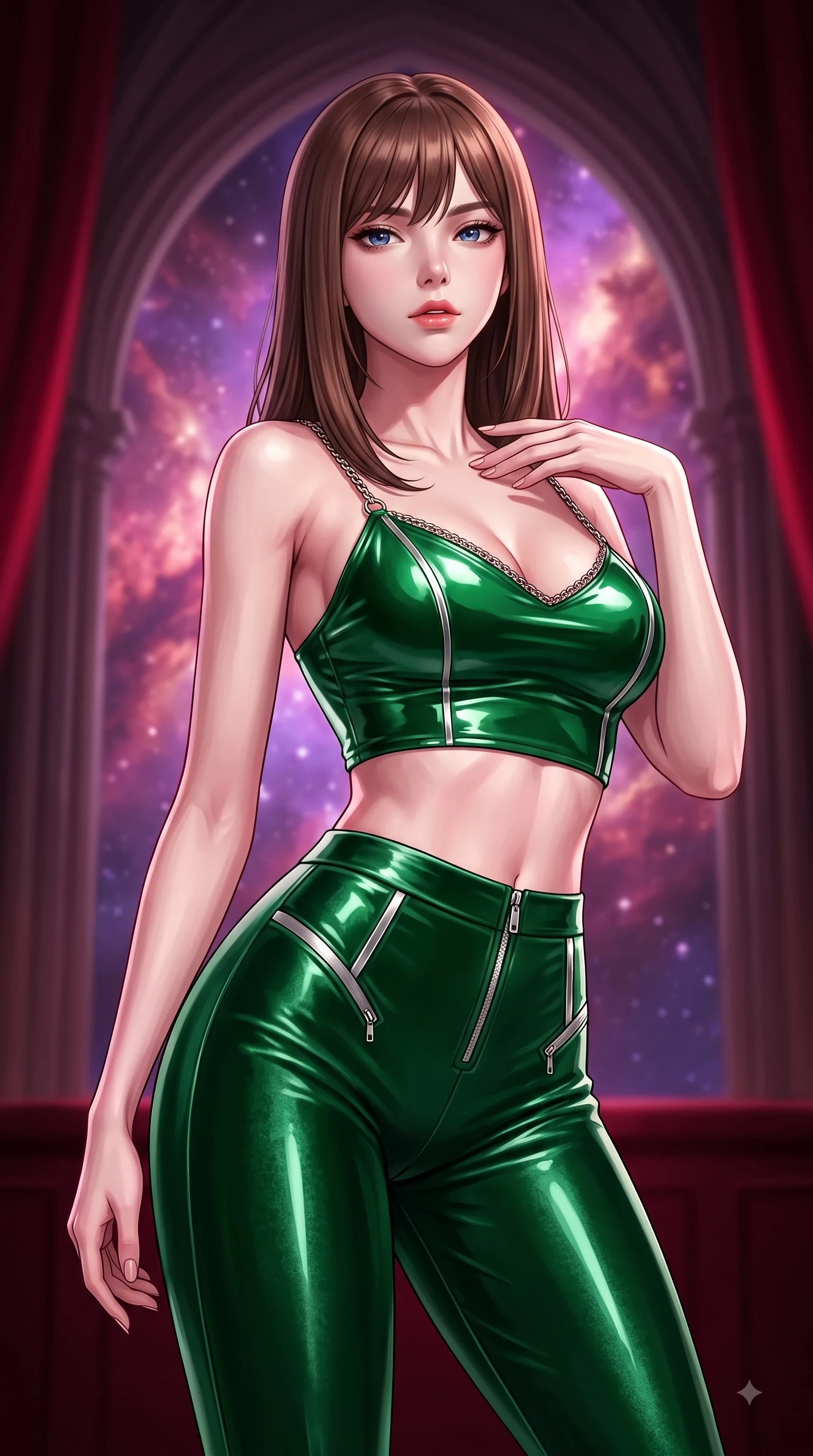 score_9, masterpiece, best quality, ultra-detailed, high-budget anime keyframe, editorial fashion photography, tasteful artistic composition, Korean woman. close-up cowboy shot from the waist and thighs up, the character dominates the composition, filling the frame with her large presence, background elements kept in soft focus. Pivoting her torso in an alluring S-curve alignment, one hand gently tracing her collarbone with poise while poised in a dramatic low-angle stance as deep crimson theatrical spotlights isolate her figure, vivid purple and rose-gold nebula clouds glowing through monumental cathedral arches. She has an exceptionally elegant, slender, and willowy female figure with an ultra-slim waist, a gracefully sculpted slender torso, and a refined silhouette. sharp v-shaped jawline, high-bridge nose, intricate jewel-like eyes with depth, thick eyelashes, glossy lips with a natural sheen, flawlessly proportioned anatomical accuracy, natural body alignment, perfectly sculpted elegant limbs, clean dynamic posture without body distortion. wearing a glossy vinyl crop top and high-waist tailored leggings with sleek zippers in deep emerald green and silver accent, made of premium stretch velvet with a rich sheen, adorned with delicate metallic chain straps along the neckline, the tailored fabric tightly following every curve of her athletic build. surrounded by an opulent, dramatic opera box atmosphere with deep chiaroscuro. highly saturated vibrant anime colors, detailed shading with soft gradients, rich glossy textures, high-contrast stereoscopic depth, volumetric dynamic lighting, master piece, 9:16 ratio