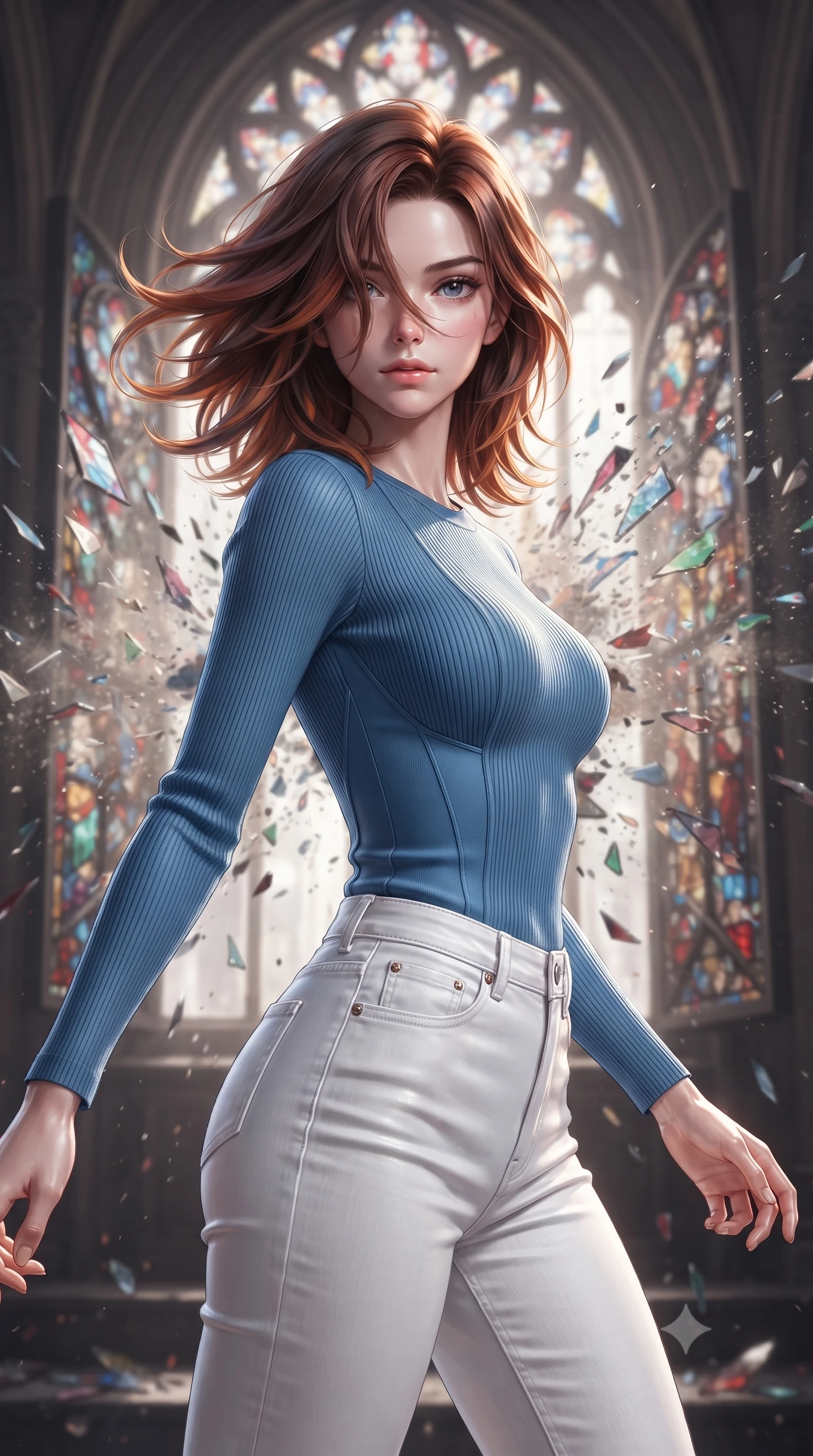 score_9, masterpiece, best quality, ultra-detailed, high-budget anime keyframe, editorial fashion photography, tasteful artistic composition, realistic cosplay photography, Korean woman. close-up cowboy shot from the waist and thighs up, the character dominates the composition, filling the frame with her large presence, background elements kept in soft focus. Executing a sudden, fast pivot to face the camera, her hair whipping violently across her face. set against a soft-focus background of standing inside a cathedral window frame as the massive stained glass explodes outward, sending colored shards flying. She has an exceptionally elegant and slender, willowy female figure with an ultra-slim waist, a gracefully sculpted slender torso, and a refined slim physique. sharp v-shaped jawline, high-bridge nose, intricate jewel-like eyes with depth, thick eyelashes, glossy lips with a natural sheen. wearing tailored for maximum mobility, sleek form-contouring panels that allow fluid movement, a body-hugging form-fitting ribbed knit top in French blue, paired with high-waisted white denim trousers that hug her slender legs. soft glowing ambient light with sharp side key light tracing the sleek contours of her figure. ultra-reflective glossy finish, specular highlights, metallic sheen, high-contrast stereoscopic depth, volumetric dynamic lighting, 2k, ultra detail, master piece, 9:16 ratio