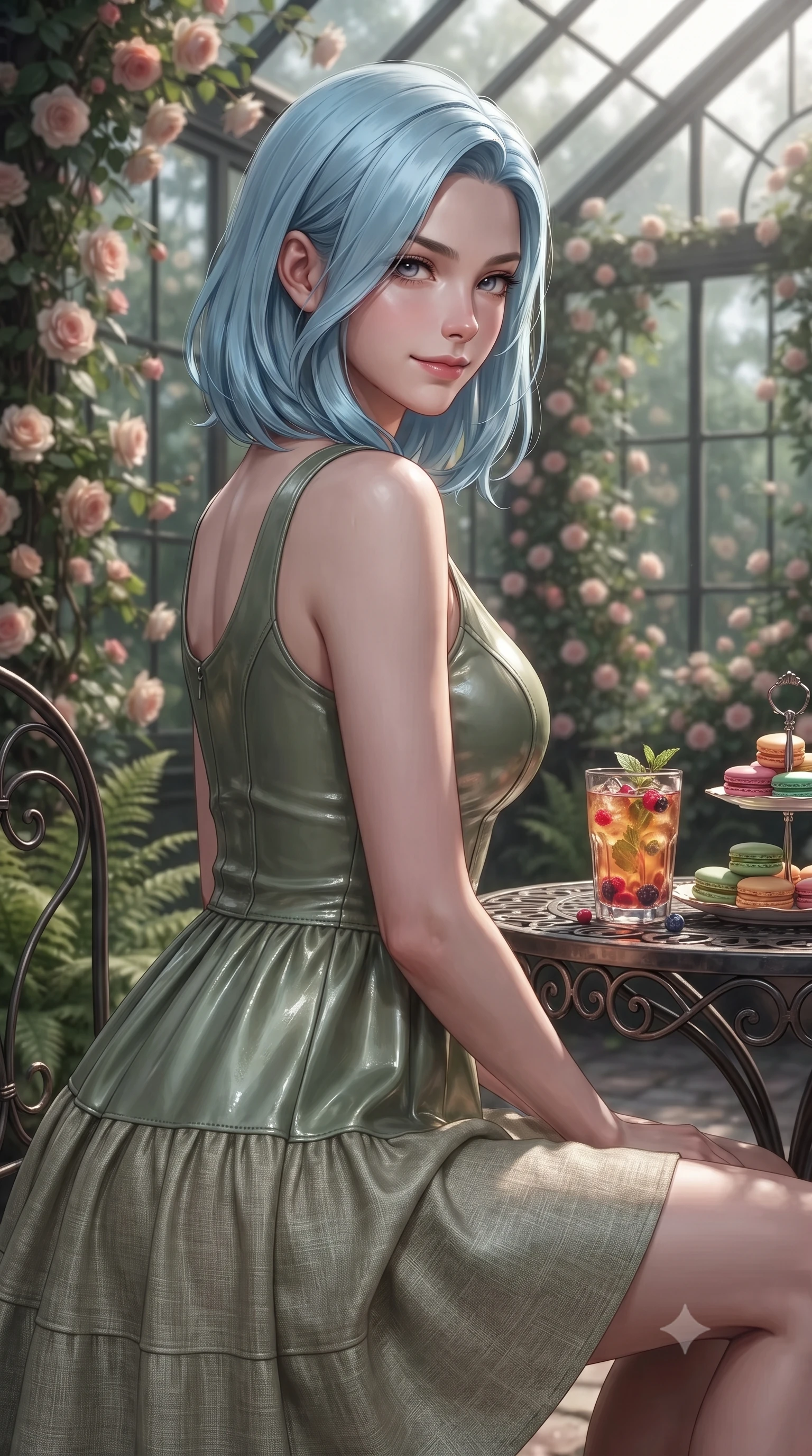 score_9, masterpiece, best quality, ultra-detailed, high-budget anime keyframe, editorial fashion photography, tasteful artistic composition, Korean woman. close-up cowboy shot from the waist and thighs up, the character dominates the composition, filling the frame with her large presence, background elements kept in soft focus. glancing sidelong over her shoulder with an intoxicating, lingering stare and a subtle, knowing smile set against a soft-focus background of inside an exclusive rose conservatory with a glass of iced fruit tea and delicate macaron pastries arranged on the table. She has an exceptionally elegant, slender, and willowy female figure with an ultra-slim waist, a gracefully sculpted slender torso, and a refined silhouette. sharp v-shaped jawline, high-bridge nose, intricate jewel-like eyes with depth, thick eyelashes, glossy lips with a natural sheen. wearing tailored sage green glossy leather flowy linen sundress with a comfortable tiered skirt silhouette featuring refined tailored seams. accented by a single dramatic key light highlighting her statuesque posture and slim waist. ultra-reflective glossy finish, specular highlights, metallic sheen, high-contrast stereoscopic depth, volumetric dynamic lighting, 2k, ultra detail, master piece, 9:16 ratio