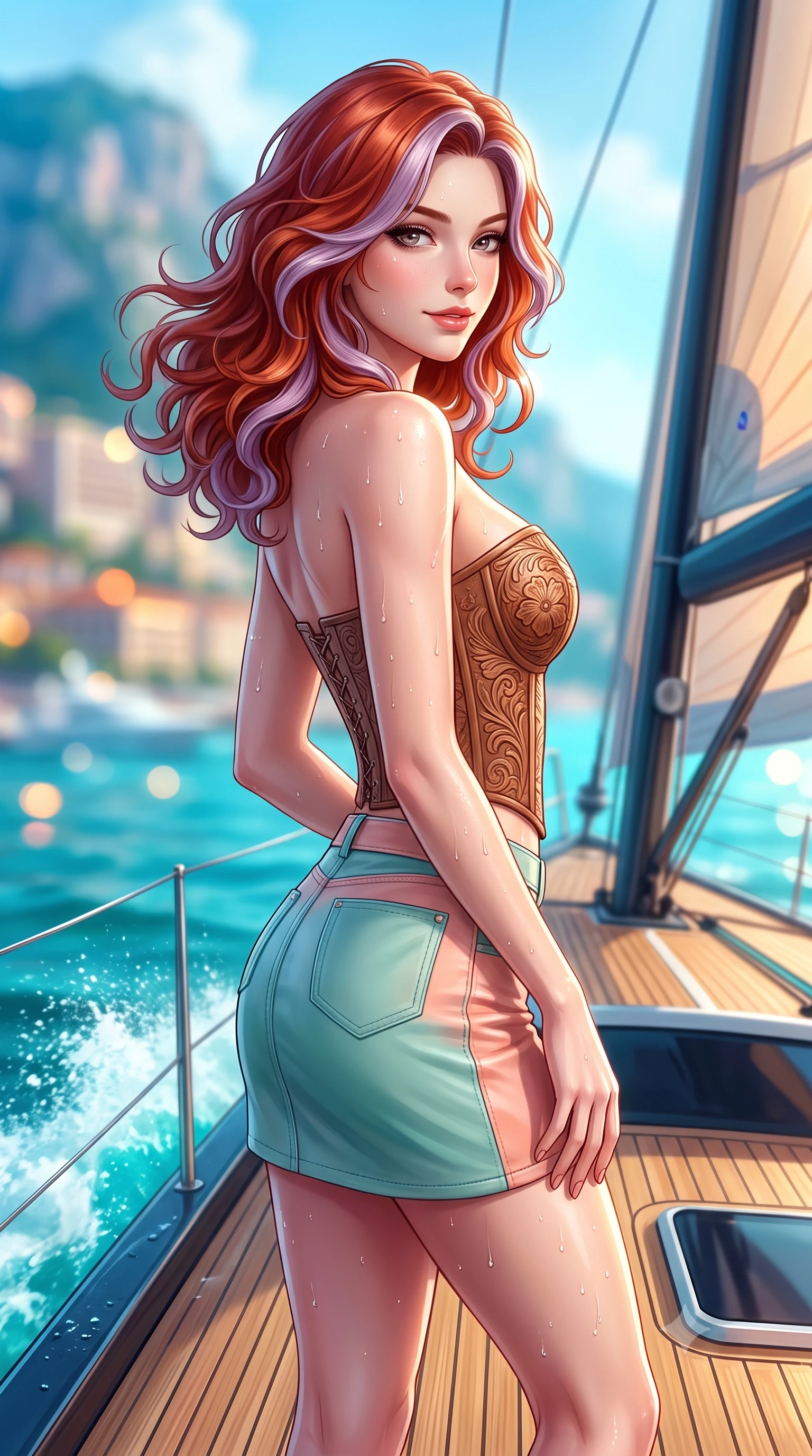 score_9, masterpiece, best quality, ultra-detailed, high-budget anime keyframe, semi-realistic 3D game render, editorial fashion photography, tasteful artistic composition, Caucasian woman. close-up cowboy shot from the waist and thighs up, the character dominates the composition, filling the frame with her large presence. turning slowly with an enchanting smoldering smile, her glossy hair tossing in the breeze as her hips angle gracefully in a captivating contrapposto while standing poised on the sleek teak foredeck of the carbon racing yacht, arching her back with high-octane regatta glamour. The background shows a soft-focus billowing sails, turquoise bow wave wake, and the distant Monaco palace cliffs blurred into seafoam, cobalt, and amber bokeh. She has an exceptionally elegant, slender, and willowy female figure with an ultra-slim waist, flat toned midriff, narrow ribcage, and sculpted feminine hips creating an alluring, slim hourglass silhouette without bulk. sharp v-shaped jawline, high-bridge nose, sparkling eyes with hypnotic seductive depth, thick curled eyelashes, glossy parted lips with a natural dewy peach sheen, alluring bedroom-eyes with an enchanting coquettish smile, exuding magnetic siren charisma and sophisticated glamour, flawlessly proportioned anatomical accuracy, strict slender model proportions, natural body alignment, perfectly sculpted long slender limbs, ultra-slim waistline, clean dynamic posture without body distortion. wearing a structured boned leatherette corset bodice with western floral tooling paired with a micro-wrap denim skirt in pastel peach blossom and Aegean seafoam green, woven from buttery-soft stretch lambskin leather adhering to her body like a second skin, finished with glistening drops of seawater beading across her sculpted shoulders and flat midriff, the form-contouring silhouette accentuating her sculpted flat midriff, narrow delicate ribcage, and gracefully curvy hips with intoxicating allure. illuminated by sea spray bounce and sharp platinum rim lights defining her delicate clavicles, ultra-slim waist, and curvy hips. highly saturated vibrant anime colors, detailed shading with soft gradients, rich glossy textures, high-contrast stereoscopic depth, volumetric dynamic lighting, master piece, 9:16 ratio