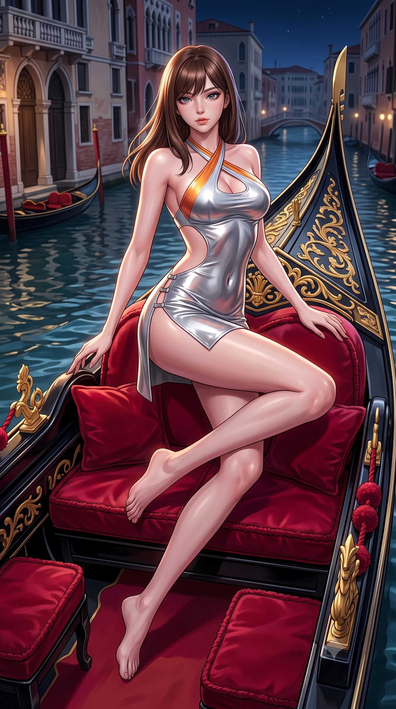 score_9, masterpiece, best quality, ultra-detailed, high-budget anime keyframe, semi-realistic 3D game render, editorial fashion photography, tasteful artistic composition, Korean woman. low angle full-body shot from head to toe showing her feet, filling the entire 9:16 vertical frame with her statuesque presence, stretching her vertical silhouette. leaping through mid-air with an athletic yet alluring arch of her spine, her impossibly long slender legs stretched in flawless poise while reclining seductively across crimson velvet cushions on an ornate black and gold gondola gliding along Venice's Grand Canal. The surrounding environment is rendered in vivid detail and crisp panoramic clarity. intricate gold gondola prow carvings, crimson velvet upholstery seams, and canal water ripples in deep focus. She has an absolutely perfect, statuesque 8.5-heads proportion, an exceptionally tall and slender model-like female figure with impossibly long slender legs, a toned flat midriff, and an ultra-slim waist. sharp v-shaped jawline, high-bridge nose, intricate jewel-like eyes with depth, thick eyelashes, glossy lips with a natural sheen, flawlessly proportioned anatomical accuracy, strict slender model proportions, natural body alignment, perfectly sculpted long slender limbs, ultra-slim waistline, clean dynamic posture without body distortion. wearing a molten silver liquid-metal mini dress featuring deep side-waist cutouts and a daring crossover halter neckline in vivid sunset amber orange and cloud white, crafted from ultra-reflective second-skin latex with a high-gloss glass-like polish, finished with an ultra-high side slit secured by miniature magnetic clasps, the form-contouring material adhering flawlessly to her sculpted flat midriff and slender torso, emphasizing her long leg lines and perfectly proportioned willowy build. illuminated by dramatic firework rim lights sharply defining her ultra-slim waist and long legs. highly saturated vibrant anime colors, detailed shading with soft gradients, rich glossy textures, high-contrast stereoscopic depth, volumetric dynamic lighting, master piece, 9:16 ratio