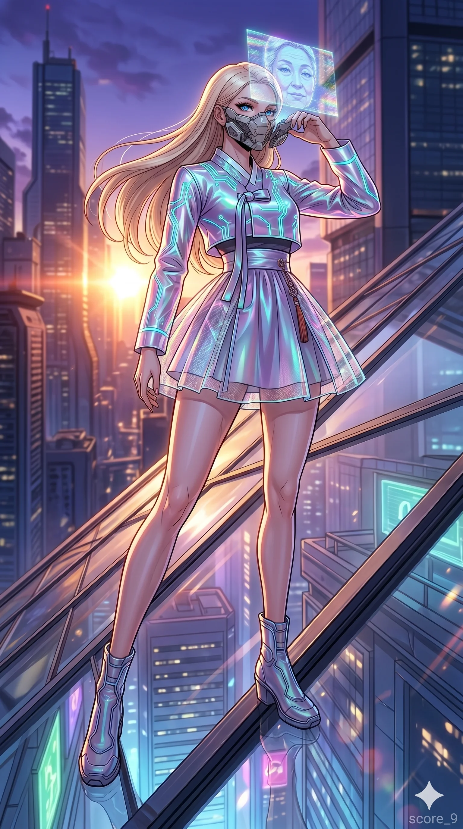 score_9, masterpiece, best quality, ultra-detailed, high-budget anime movie keyframe, cinematic anime lighting, intricate line art, Korean woman. Dynamic full-body shot stretching the vertical silhouette with extreme perspective. adjusting a mechanical mask that projects a different face. She has an absolutely perfect 8-heads proportion, an exceptionally tall and slender female figure with an ultra-slim waist and impossibly long slender legs. strictly human anatomy, two legs only, no extra limbs, clearly defined legs and arms, perfect anatomy, perfect hands and fingers. sharp v-shaped jawline, high-bridge nose, intricate jewel-like eyes, thick eyelashes, glossy lips. Wearing Modern Traditional: Shortened cyber-hanbok with fusion silk robes and transparent panels. The scene is illuminated by dramatic atmospheric lighting and vibrant color palettes. , 2k, ultra detail, master piece, 9:16 ratio