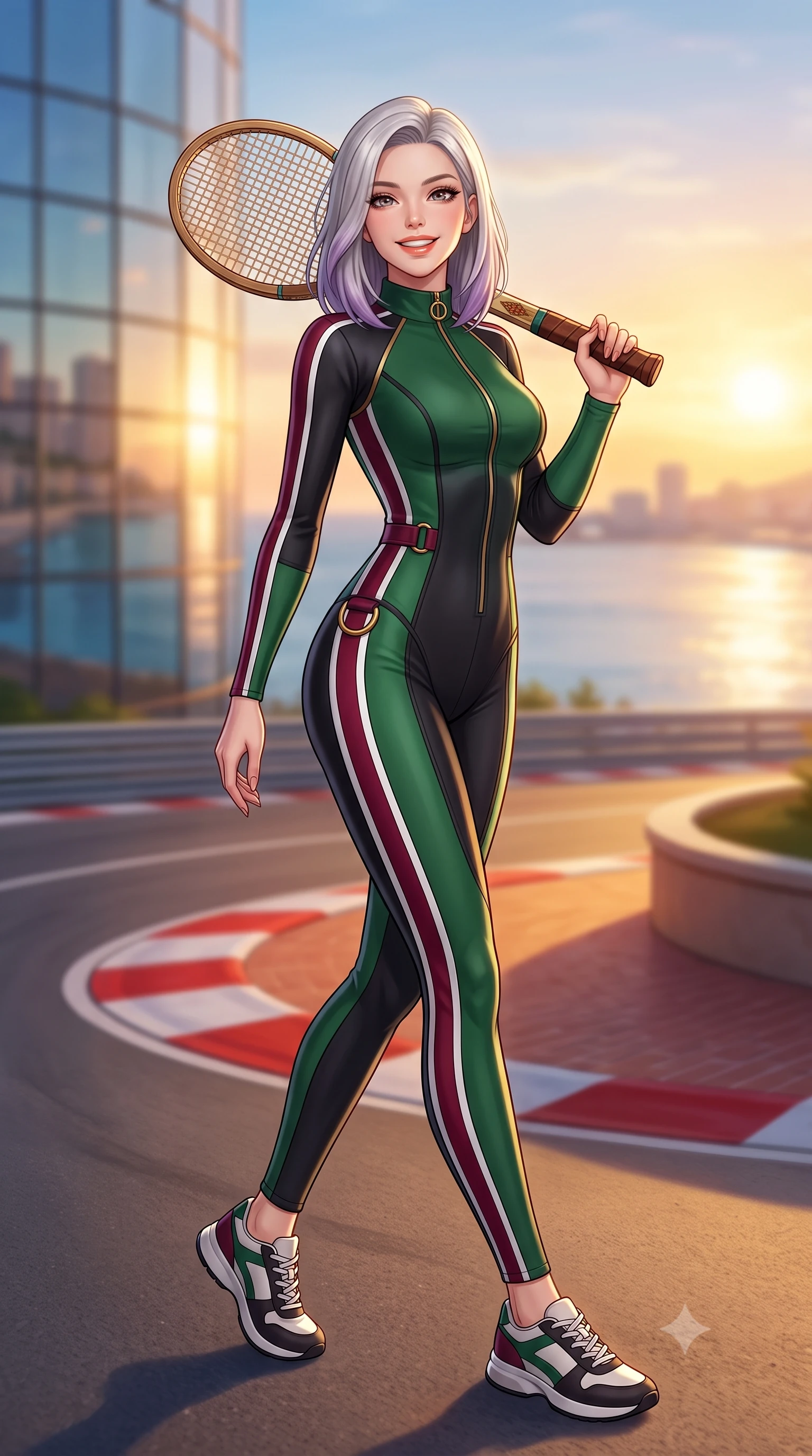 score_9, masterpiece, best quality, ultra-detailed, high-budget anime keyframe, semi-realistic 3D game render, editorial fashion photography, tasteful artistic composition, Caucasian woman. low angle full-body shot from head to toe showing her feet, filling the entire 9:16 vertical frame with her statuesque presence, stretching her vertical silhouette. stepping forward gracefully across the paddock tarmac in mid-motion with a radiant beaming smile, hips swaying in an alluring kinetic rhythm that accentuates her curvy hourglass silhouette and long slender legs while twisting her slender torso in an alluring S-curve as Mediterranean sunset rays trace her form-fitting athletic outfit and curvy hips. The background shows a soft-focus the iconic red-and-white curbs of the tight Fairmont Hairpin and the Mediterranean sea beyond blurred into coral, turquoise, and gold bokeh. She has an absolutely perfect, statuesque 8.5-heads proportion, an exceptionally tall and slender model-like female figure with impossibly long slender legs, an ultra-slim waist, a flat toned midriff, narrow delicate ribcage, and beautifully sculpted feminine hips creating a graceful, slim hourglass silhouette without any bulky heaviness. sharp v-shaped jawline, high-bridge nose, sparkling eyes with athletic focus and depth, thick curled eyelashes, glossy parted lips with a natural coral-peach sheen, bright confident and coquettish smile with alluring bedroom-eyes, exuding both youthful sporty vigor and sovereign high-society glamour, flawlessly proportioned anatomical accuracy, strict slender model proportions, natural body alignment, perfectly sculpted long slender limbs, ultra-slim waistline, clean dynamic posture without body distortion. wearing a high-performance speeder racing suit in matte black and Wimbledon green with gold hardware rings in rich burgundy wine and crisp court white, made of smooth liquid-tight stretch jersey emphasizing every curve of her body, featuring a vintage wooden tennis racket held casually over one shoulder, the liquid-tight tailored fabric clinging flawlessly to her narrow waist and rounded feminine hips, emphasizing every millimeter of her sculpted slim hourglass curves without any bulky heaviness. bathed in molten golden hour sunset light reflecting off the Mediterranean Sea and hotel glass. highly saturated vibrant anime colors, detailed shading with soft gradients, rich glossy textures, high-contrast stereoscopic depth, volumetric dynamic lighting, master piece, 9:16 ratio