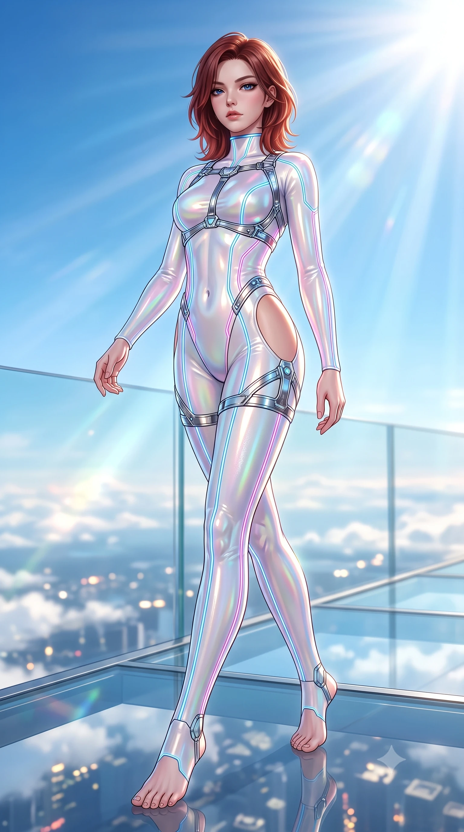 score_9, masterpiece, best quality, ultra-detailed, high-budget anime keyframe, semi-realistic 3D game render, editorial fashion photography, tasteful artistic composition, Korean woman. low angle full-body shot from head to toe showing her feet, filling the entire 9:16 vertical frame with her statuesque presence, stretching her vertical silhouette. striding forward in a proud, statuesque motion with a dangerous smolder, her vertical silhouette dominating the frame from head to toe while pivoting dynamically on a cantilevered glass observation deck as sunlight reflects brilliantly off distant clouds. The composition keeps background elements in soft focus with creamy bokeh. brilliant high-altitude sunrays scattering radiant light across a dreamy blue backdrop. She has an absolutely perfect, statuesque 8.5-heads proportion, an exceptionally tall and slender model-like female figure with impossibly long slender legs, a toned flat midriff, and an ultra-slim waist. sharp v-shaped jawline, high-bridge nose, intricate jewel-like eyes with depth, thick eyelashes, glossy lips with a natural sheen, flawlessly proportioned anatomical accuracy, strict slender model proportions, natural body alignment, perfectly sculpted long slender limbs, ultra-slim waistline, clean dynamic posture without body distortion. wearing a skin-tight cybernetic bodysuit with glowing neon seams, deep hip cutouts, and an aerodynamic athletic fit in glistening liquid pearl white with rainbow opalescence, tailored from semi-translucent cybernetic vinyl with glowing micro-filaments, reinforced by a sleek metallic chrome harness and delicate glowing micro-straps, the form-contouring material adhering flawlessly to her sculpted flat midriff and slender torso, emphasizing her long leg lines and perfectly proportioned willowy build. bathed in brilliant high-noon sunbursts and rich sky-blue ambient bounce light. highly saturated vibrant anime colors, detailed shading with soft gradients, rich glossy textures, high-contrast stereoscopic depth, volumetric dynamic lighting, master piece, 9:16 ratio