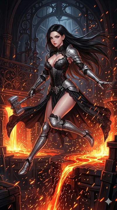 score_9, masterpiece, best quality, ultra-detailed, High-budget Anime Keyframe, beautiful Caucasian anime girl (strictly human ears). Low angle cowboy shot filling the entire 9:16 frame with her statuesque presence. Leaping through a shower of sparks