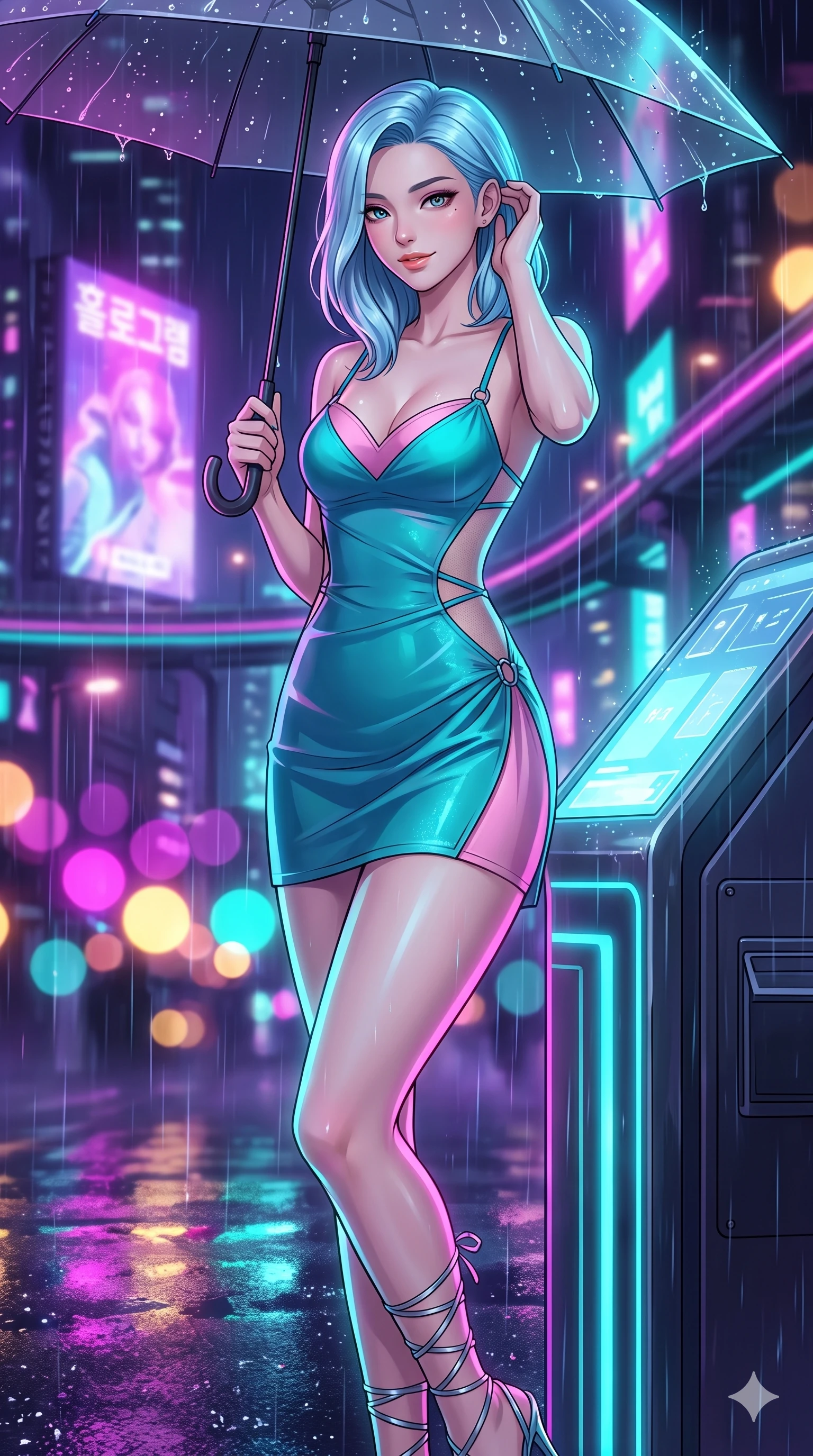 score_9, masterpiece, best quality, ultra-detailed, high-budget anime keyframe, editorial fashion photography, tasteful artistic composition, Korean woman. close-up cowboy shot from the waist and thighs up, the character dominates the composition, filling the frame with her large presence. gently brushing a lock of hair behind her ear while casting a playful, flirtatious side-gaze with long eyelashes while leaning against the glowing smart-glass kiosk with hips cocked back, gazing through the rain-streaked umbrella canopy with smoldering bedroom-eyes. The background shows a soft-focus towering 3D holographic advertisements, neon-drenched sky-freeway tiers, and rain mist scattering magenta and cyan light blurred into fuchsia, turquoise, and amber bokeh. She has an exceptionally elegant, slender, and willowy female figure with an ultra-slim waist, flat toned midriff, narrow ribcage, and sculpted feminine hips creating an alluring, slim hourglass silhouette without bulk. sharp v-shaped jawline, high-bridge nose, intricate jewel-like sparkling eyes with depth, thick eyelashes, glossy parted lips with a natural peach sheen, bright cheerful beaming smile with an enchanting and coquettish sensual glint, exuding both youthful cute charm and seductive allure, flawlessly proportioned anatomical accuracy, strict slender model proportions, natural body alignment, perfectly sculpted long slender limbs, ultra-slim waistline, clean dynamic posture without body distortion. wearing an alluring plunging sweetheart bodice dress with sheer mesh side-waist cutouts contouring her ribs in subterranean lagoon turquoise and lotus blossom pink, adorned with delicate chrome ring hardware and cutouts along her slender waist, complemented by strappy stiletto sandals with metallic ankle wraps accentuating her slender calves, the second-skin tailored fabric adhering flawlessly to her sculpted flat midriff and slender torso, emphasizing her long leg lines and perfectly proportioned willowy build. illuminated by wet asphalt reflection bounce and sharp laser-cyan rim lights sculpting her razor-sharp jawline, narrow waist, and curvy hips. ultra-reflective glossy finish, specular highlights, rich textural contrasts, high-contrast stereoscopic depth, volumetric dynamic lighting, 2k, ultra detail, master piece, 9:16 ratio