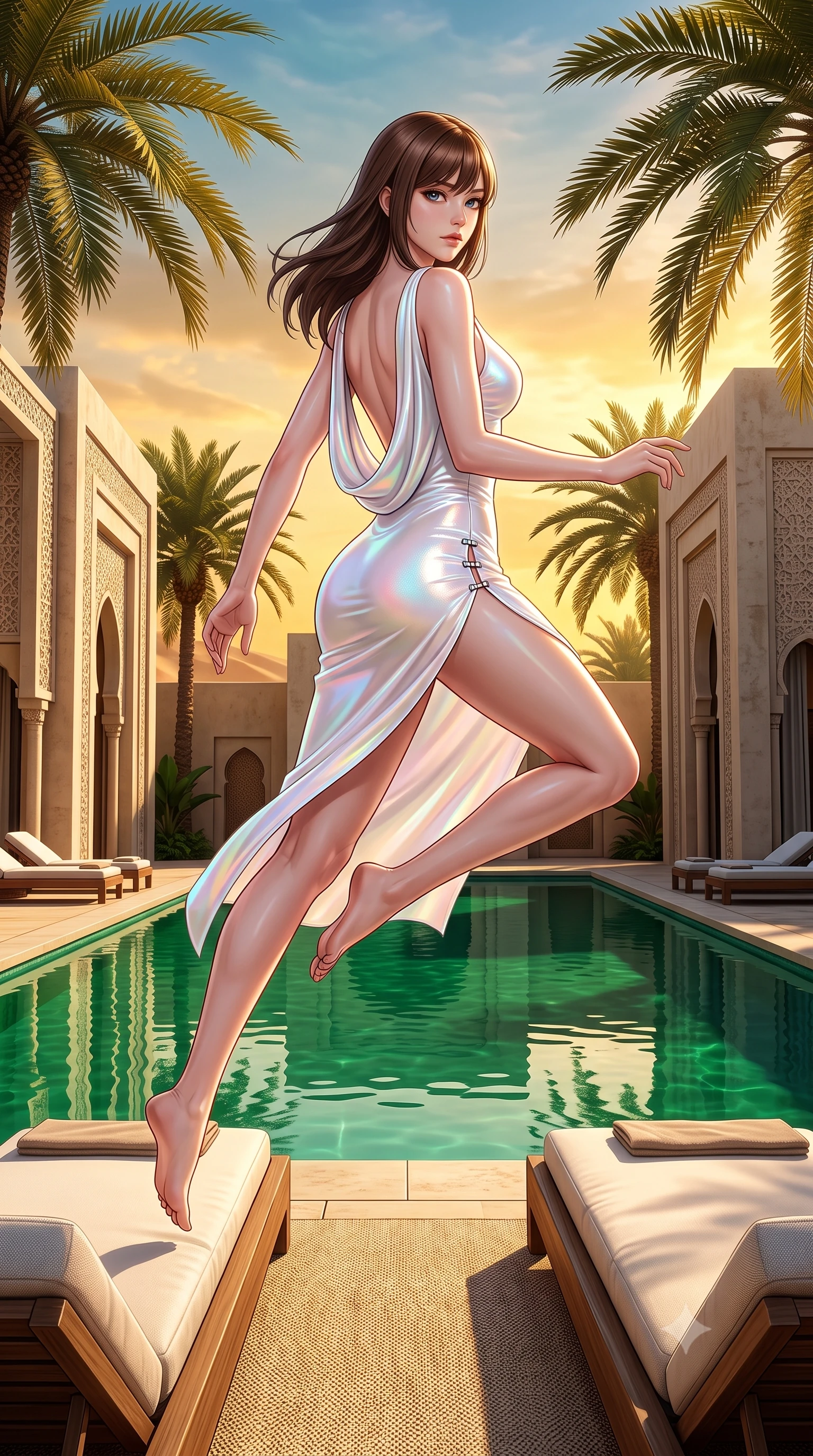 score_9, masterpiece, best quality, ultra-detailed, high-budget anime keyframe, semi-realistic 3D game render, editorial fashion photography, tasteful artistic composition, Korean woman. low angle full-body shot from head to toe showing her feet, filling the entire 9:16 vertical frame with her statuesque presence, stretching her vertical silhouette. leaping through mid-air with an athletic yet alluring arch of her spine, her impossibly long slender legs stretched in flawless poise while reclining on a plush sunbed beside an emerald oasis pool flanked by modern desert villa architecture at golden hour. The surrounding environment is rendered in vivid detail and crisp panoramic clarity. intricate modern limestone villa textures, swaying date palm fronds, and calm pool reflections in deep focus. She has an absolutely perfect, statuesque 8.5-heads proportion, an exceptionally tall and slender model-like female figure with impossibly long slender legs, a toned flat midriff, and an ultra-slim waist. sharp v-shaped jawline, high-bridge nose, intricate jewel-like eyes with depth, thick eyelashes, glossy lips with a natural sheen, flawlessly proportioned anatomical accuracy, strict slender model proportions, natural body alignment, perfectly sculpted long slender limbs, ultra-slim waistline, clean dynamic posture without body distortion. wearing a precision-fitted liquid jersey bodycon dress with a dramatic draped cowl back that swoops down to her waist and a high side slit in glistening liquid pearl white with rainbow opalescence, tailored from semi-translucent cybernetic vinyl with glowing micro-filaments, finished with an ultra-high side slit secured by miniature magnetic clasps, the sleek second-skin cut tightly hugging her graceful clavicle, narrow waist, and feminine curves with athletic precision. surrounded by an exotic, romantic, and intensely magnetic golden desert luxury aura. highly saturated vibrant anime colors, detailed shading with soft gradients, rich glossy textures, high-contrast stereoscopic depth, volumetric dynamic lighting, master piece, 9:16 ratio
