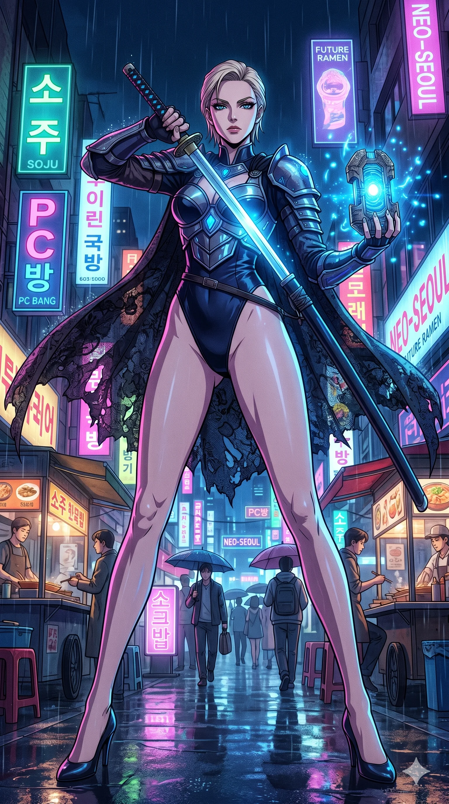 score_9, masterpiece, best quality, ultra-detailed, Set A: High-budget Anime Keyframe, Caucasian (strictly human ears) woman. Low angle cowboy shot filling the entire 9:16 frame with her statuesque presence. Drawing a blade through a neon-lit Neo-Seoul market, holding a relic that pulses with the frequency 204 and surrounded by glowing energy sparks. She has an absolutely perfect 8-heads proportion, an exceptionally tall and slender female figure with impossibly long slender legs and an ultra-slim waist. Sharp v-shaped jawline, high-bridge nose, intricate jewel-like eyes with depth, thick eyelashes, glossy lips with a natural sheen. Wearing Warrior-style plate armor over a high-cut silk leotard with tattered lace capes. Cinematic lighting, vibrant colors, dramatic shadows, 2k, ultra detail, master piece, 9:16 ratio