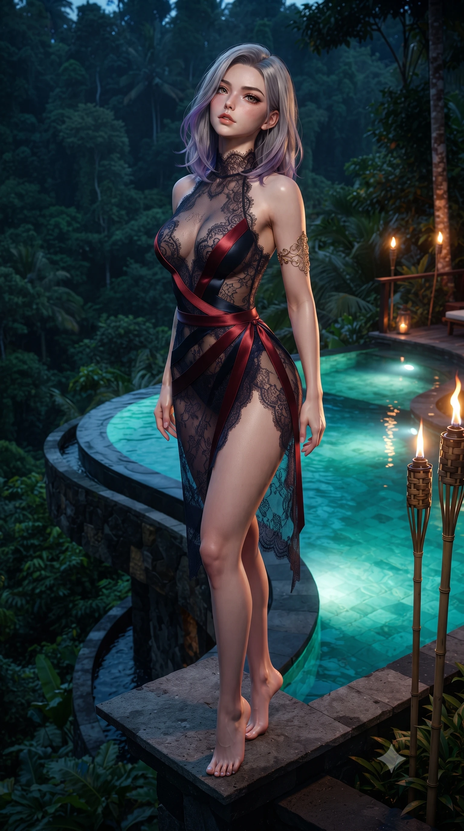score_9, masterpiece, best quality, ultra-detailed, high-budget anime keyframe, editorial fashion photography, tasteful artistic composition, Caucasian woman. low angle full-body shot from head to toe showing her feet, filling the entire 9:16 vertical frame with her statuesque presence, stretching her vertical silhouette. sitting poised on the stone steps with one knee bent, arching her spine with supermodel elegance as she glances upward through thick eyelashes while standing poised on the cantilevered volcanic stone lip of the multi-tiered infinity pool jutting over the jungle abyss, arching her back with breathless siren daring. The surrounding environment is rendered in vivid detail and crisp panoramic clarity: detailed wet-look high-cut monokini cling, gold filigree armlet gleam, and tropical cantilever engineering in razor-sharp precision. She has an absolutely perfect, statuesque 8.5-heads proportion, an exceptionally tall and slender model-like female figure with impossibly long slender legs, an ultra-slim waist, a flat toned midriff, narrow delicate ribcage, and beautifully sculpted feminine hips creating a graceful, slim hourglass silhouette without any bulky heaviness. sharp v-shaped jawline, high-bridge nose, sparkling eyes with hypnotic seductive depth, thick curled eyelashes, glossy parted lips with a natural dewy peach sheen, alluring bedroom-eyes with an enchanting coquettish smile, exuding magnetic siren charisma and sophisticated glamour, flawlessly proportioned anatomical accuracy, strict slender model proportions, natural body alignment, perfectly sculpted long slender limbs, ultra-slim waistline, clean dynamic posture without body distortion. wearing a provocative high-neck sheer illusion cocktail dress with liquid satin ribbons contouring her curves in Gion dark cherry and midnight obsidian, made of delicate semi-sheer French Chantilly lace with intricate eyelash edges, finished with scalloped eyelash lace trim framing her sweetheart neckline with intimate elegance, the high-slit wrap tailoring accentuating her ultra-slim waistline and the enchanting curve of her feminine hips with alluring seductive charm. bathed in glowing underwater turquoise pool illumination contrasting with the warm amber flicker of bamboo torches. ultra-reflective glossy finish, specular highlights, rich textural contrasts, high-contrast stereoscopic depth, volumetric dynamic lighting, 2k, ultra detail, master piece, 9:16 ratio