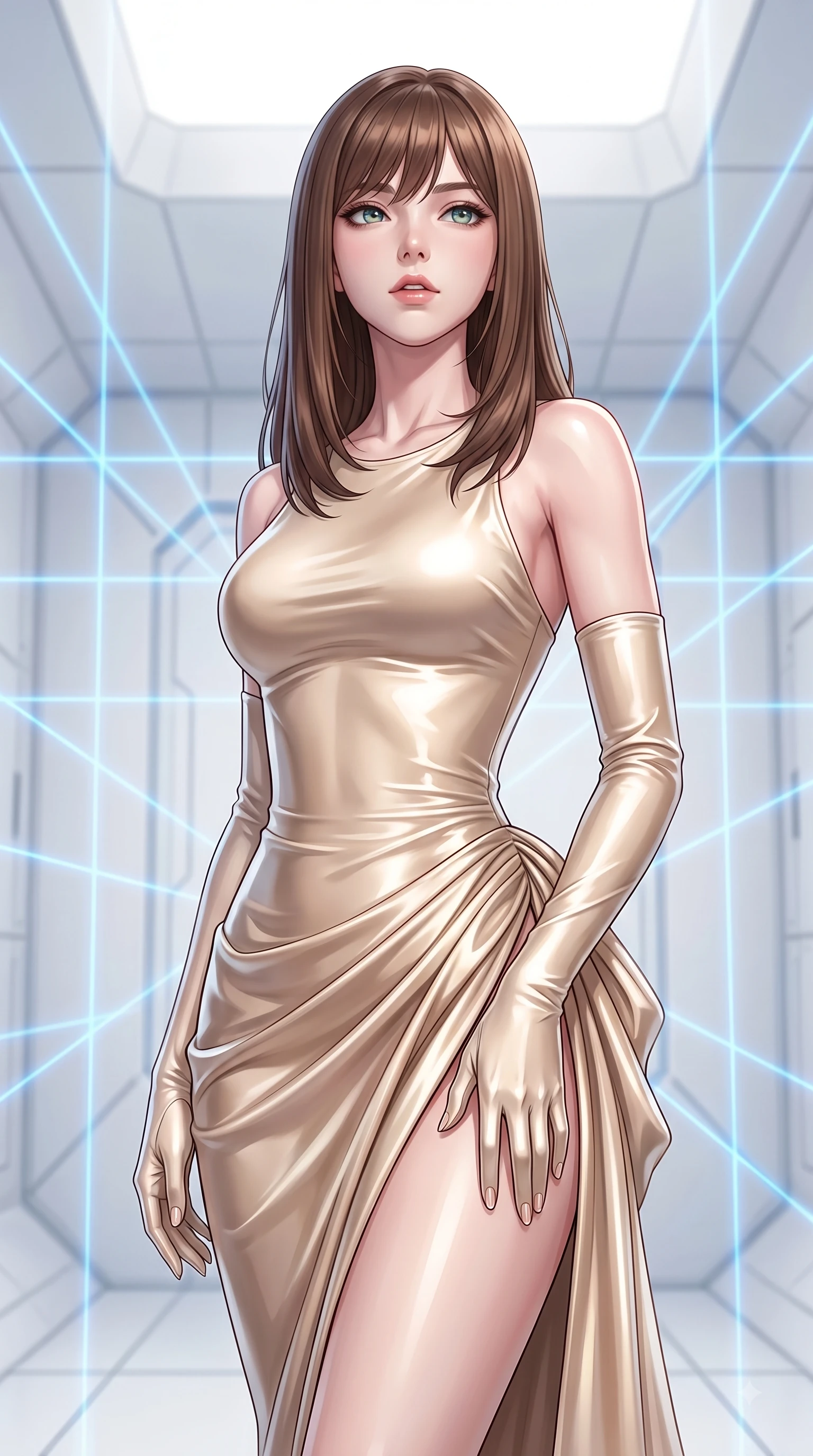 score_9, masterpiece, best quality, ultra-detailed, high-budget anime keyframe, editorial fashion photography, tasteful artistic composition, Korean woman woman. close-up cowboy shot from the waist and thighs up, the character dominates the composition, filling the frame with her large presence, background elements kept in soft focus. She has an exceptionally elegant, slender, and willowy female figure with an ultra-slim waist, a gracefully sculpted slender torso, and a refined silhouette. tilting her chin up slightly with lips parted in a composed and alluring expression, flawlessly proportioned anatomical accuracy, natural body alignment, perfectly sculpted elegant limbs, clean dynamic posture without body distortion. set against a soft-focus background of a high-tech cleanroom with white composite walls and laser grids. wearing a sculpted champagne satin bodycon gown following her slender silhouette like liquid metal. bathed in crisp high-key white ambient light with focused blue laser gridlines. highly saturated vibrant anime colors, detailed shading with soft gradients, rich glossy textures, high-contrast stereoscopic depth, volumetric dynamic lighting, master piece, 9:16 ratio