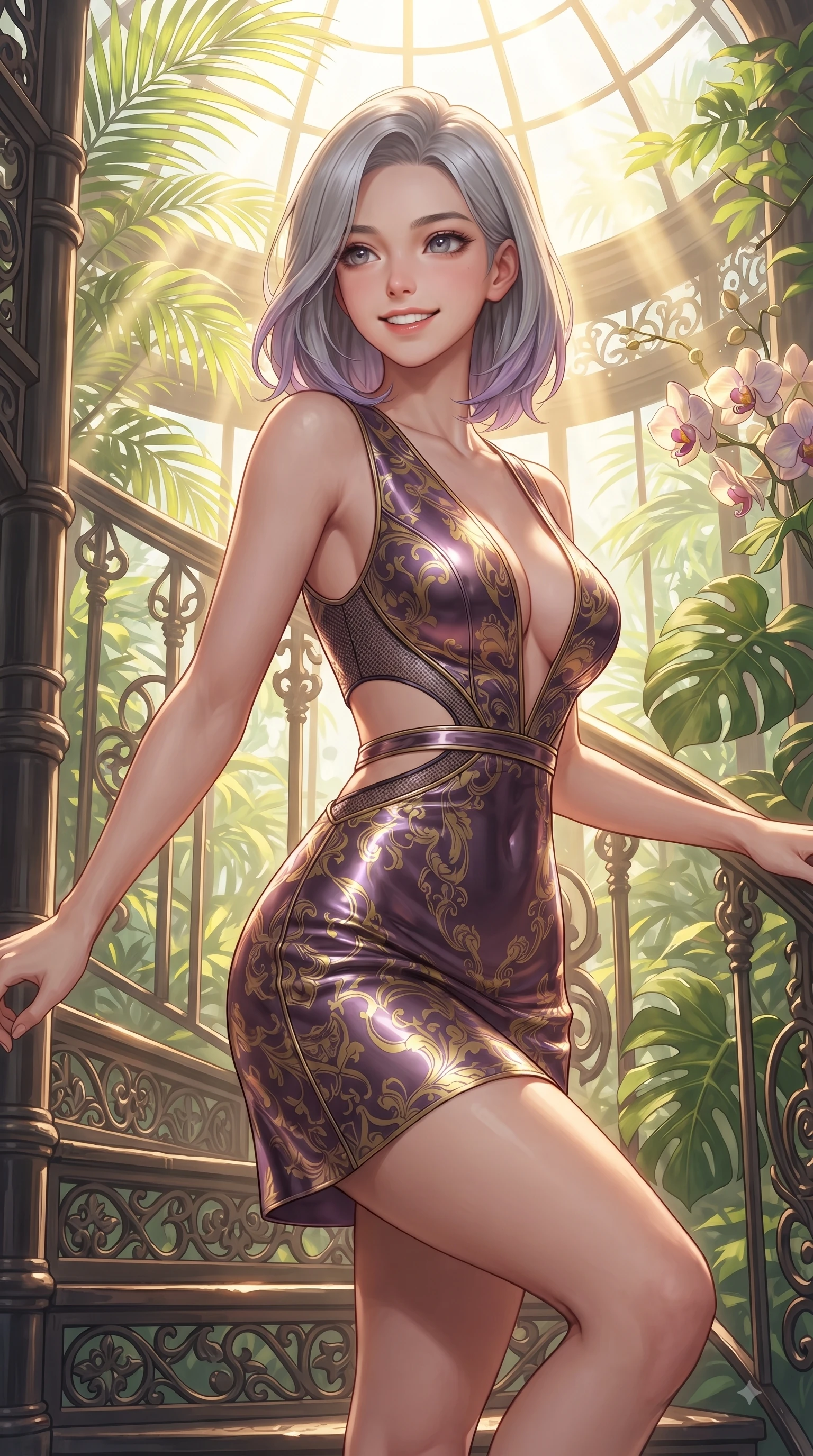score_9, masterpiece, best quality, ultra-detailed, high-budget anime keyframe, editorial fashion photography, tasteful artistic composition, Caucasian woman. close-up cowboy shot from the waist and thighs up, the character dominates the composition, filling the frame with her large presence, background elements kept in soft focus. Youthful bright smile exuding pure cute charm and fresh energy, her torso turning dynamically into the lens while ascending a spiral iron staircase enveloped by sunlit tropical foliage and exotic orchids, intense volumetric sunbeams penetrating glass dome panes in bright golden rays. She has an exceptionally elegant, slender, and willowy female figure with an ultra-slim waist, a gracefully sculpted slender torso, and a refined silhouette. sharp v-shaped jawline, high-bridge nose, intricate jewel-like eyes with depth, thick eyelashes, glossy lips with a natural sheen, flawlessly proportioned anatomical accuracy, natural body alignment, perfectly sculpted elegant limbs, clean dynamic posture without body distortion. wearing a liquid mercury gloss mini dress with ultra-deep V-neck and waist cutouts in plum purple and gold filigree, made of fine carbon-fiber weave and soft matte leather, featuring clean architectural cutouts along her slender torso, the elegant draped fit framing her graceful clavicle and slender torso. bathed in brilliant golden sunlight and fresh green botanical ambient glow. ultra-reflective glossy finish, specular highlights, metallic sheen, high-contrast stereoscopic depth, volumetric dynamic lighting, 2k, ultra detail, master piece, 9:16 ratio