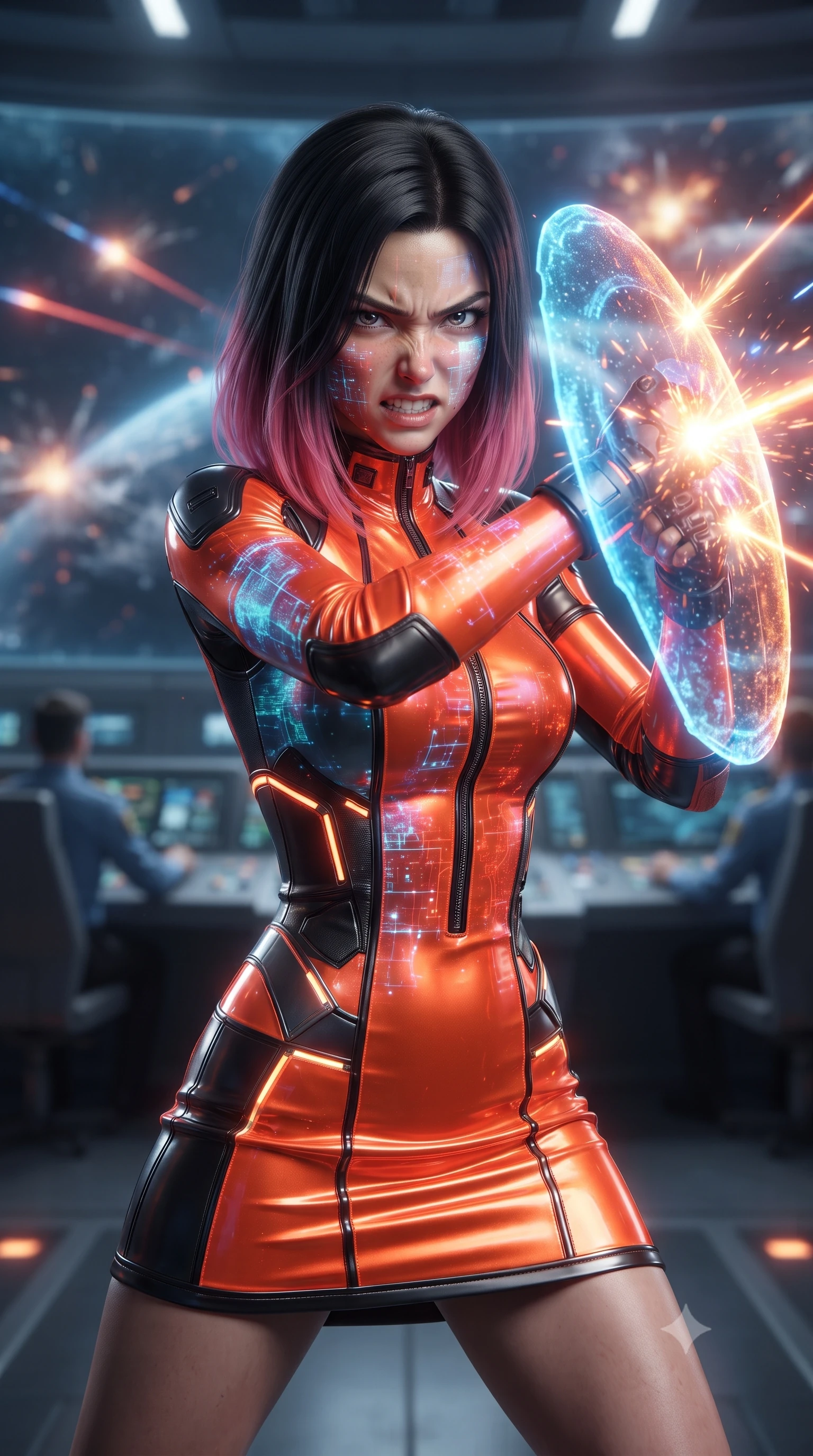 score_9, masterpiece, best quality, ultra-detailed, high-budget anime keyframe, editorial fashion photography, tasteful artistic composition, realistic cosplay photography, Korean woman. close-up cowboy shot from the waist and thighs up, the character dominates the composition, filling the frame with her large presence, background elements kept in soft focus. Deflecting incoming plasma bolts with a glowing energy shield attached to her forearm, teeth grit in determination. set against a soft-focus background of the bridge of a massive fleet flagship, officers in soft focus, and a giant panoramic window showing a space battle of lasers. She has an exceptionally elegant and slender, willowy female figure with an ultra-slim waist, a gracefully sculpted slender torso, and a refined slim physique. sharp v-shaped jawline, high-bridge nose, intricate jewel-like eyes with depth, thick eyelashes, glossy lips with a natural sheen. wearing catching and diffusing the glowing particles, shimmering softly in response to the surrounding light, a slim-fit body-hugging cybernetic dress in neon orange and black neoprene, featuring a high collar and structured seams. shifting blue and red tactical map reflections mapping across her features. ultra-reflective glossy finish, specular highlights, metallic sheen, high-contrast stereoscopic depth, volumetric dynamic lighting, 2k, ultra detail, master piece, 9:16 ratio