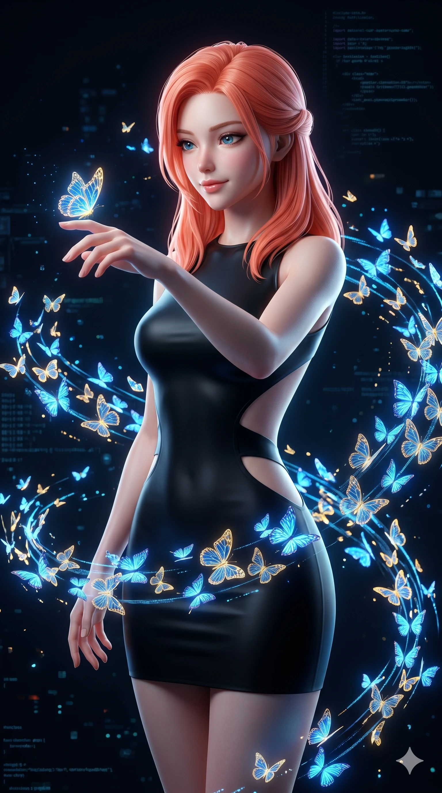 score_9, masterpiece, best quality, ultra-detailed, high-budget anime keyframe, semi-realistic 3D game render, Japanese woman. Upper body close-up from the thighs up, character filling the screen for maximum presence. She is surrounded by thousands of glowing digital butterflies that orbit her body. She reaches out to let one land on her finger, looking at it with a soft, captivating smile. She has an absolutely perfect 8-heads proportion, an exceptionally tall and slender female figure with impossibly long slender legs and an ultra-slim waist. V-shaped jawline, high-bridge nose, intricate jewel-like eyes with depth, thick eyelashes, glossy lips with a natural sheen. She is wearing a second-skin fashion-latex mini dress with a clean architectural front, featuring an open-back design that wraps around the sides of her waist, showcasing her slender silhouette. The scene is lit by brilliant blue and gold light from the butterflies and a sharp side key light. 2k, ultra detail, master piece, 9:16 ratio