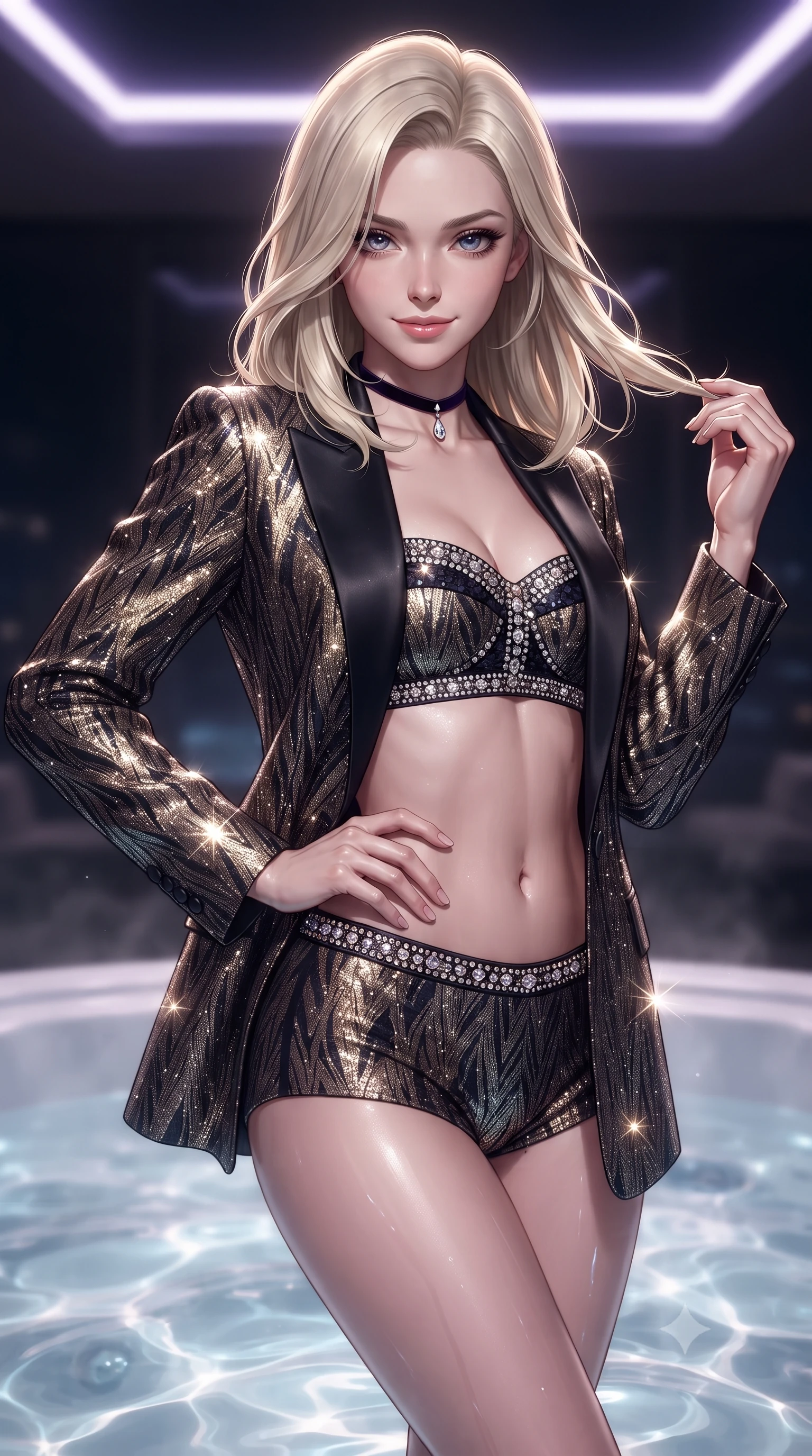 score_9, masterpiece, best quality, ultra-detailed, high-budget anime keyframe, editorial fashion photography, tasteful artistic composition, Caucasian woman. close-up cowboy shot from the waist and thighs up, the character dominates the composition, filling the frame with her large presence. twisting her slender torso in an alluring contrapposto stance, one hand resting on her sculpted hip while her fingers toy with her hair with effortless poise while twisting her slender torso in an alluring S-curve, bubbling thermal water and storm lightning carving sharp highlights across her curves. The background shows a soft-focus jacuzzi acrylic rim softened in dramatic high-altitude shallow focus. She has an exceptionally elegant, slender, and willowy female figure with an ultra-slim waist, flat toned midriff, narrow ribcage, and sculpted feminine hips creating an alluring, slim hourglass silhouette without bulk. sharp v-shaped jawline, high-bridge nose, sparkling eyes with hypnotic seductive depth, thick curled eyelashes, glossy parted lips with a natural dewy peach sheen, alluring bedroom-eyes with an enchanting coquettish smile, exuding magnetic siren charisma and sophisticated glamour, flawlessly proportioned anatomical accuracy, strict slender model proportions, natural body alignment, perfectly sculpted long slender limbs, ultra-slim waistline, clean dynamic posture without body distortion. wearing a tailored open-front satin smoking jacket worn over a jewel-embellished bandeau and micro-shorts in midnight obsidian black and liquid champagne gold, woven from stretch metallic lurex jersey casting radiant starlight glints across her silhouette, finished with a thin velvet ribbon choker and a single teardrop diamond pendant, the form-contouring silhouette accentuating her sculpted flat midriff, narrow delicate ribcage, and gracefully curvy hips with intoxicating allure. illuminated by tub water caustics and sharp platinum-violet rim lights defining her delicate clavicles, ultra-slim waist, and curvy hips. ultra-reflective glossy finish, specular highlights, rich textural contrasts, high-contrast stereoscopic depth, volumetric dynamic lighting, 2k, ultra detail, master piece, 9:16 ratio