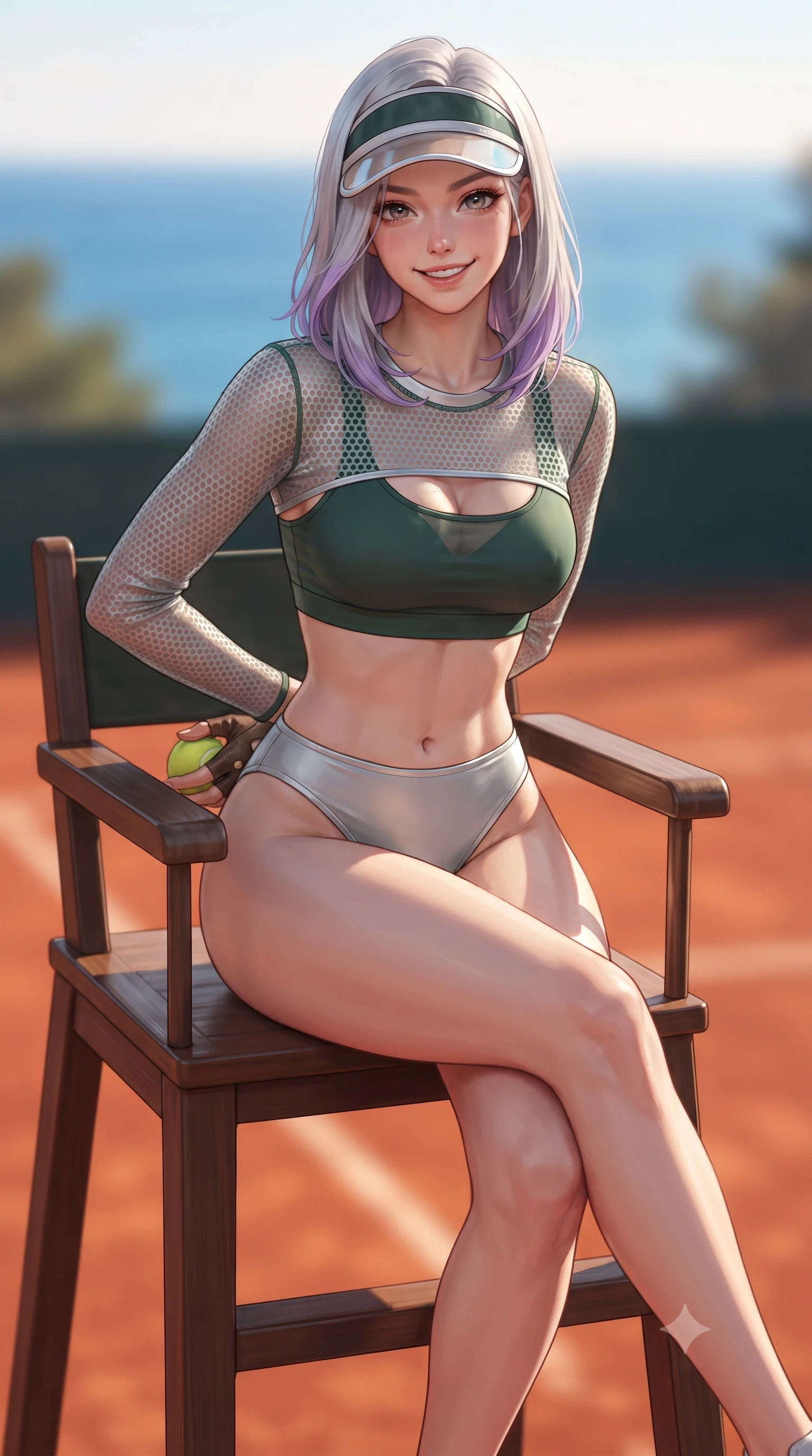 score_9, masterpiece, best quality, ultra-detailed, high-budget anime keyframe, editorial fashion photography, tasteful artistic composition, Caucasian woman. close-up cowboy shot from the waist and thighs up, the character dominates the composition, filling the frame with her large presence. resting both hands lightly behind her back while leaning toward the lens with a cheerful, teasing grin, her form-fitting athletic suit hugging her narrow waist and hip curve while sitting gracefully on the clay court umpire chair with legs crossed, holding a tennis ball while flashing a playful, teasing smile with glossy lips. The background shows a soft-focus the vibrant terracotta red clay tennis courts and the sapphire Mediterranean Sea blurred into rich ochre, azure, and rose-gold bokeh. She has an exceptionally elegant, slender, and willowy female figure with an ultra-slim waist, flat toned midriff, narrow ribcage, and sculpted feminine hips creating an alluring, slim hourglass silhouette without bulk. sharp v-shaped jawline, high-bridge nose, sparkling eyes with athletic focus and depth, thick curled eyelashes, glossy parted lips with a natural coral-peach sheen, bright confident and coquettish smile with alluring bedroom-eyes, exuding both youthful sporty vigor and sovereign high-society glamour, flawlessly proportioned anatomical accuracy, strict slender model proportions, natural body alignment, perfectly sculpted long slender limbs, ultra-slim waistline, clean dynamic posture without body distortion. wearing a sheer athletic mesh long-sleeve crop top layered over an opaque racing bralette and high-cut tennis briefs in alpine silver platinum and forest green, woven from semi-opaque performance athletic mesh with hexagonal micro-perforations, accented with a sporty retro tennis visor and fingerless leather driving gloves, the form-contouring athletic cut accentuating her sculpted flat midriff, narrow delicate ribcage, and gracefully curvy hips with supermodel precision. illuminated by clay bounce warmth and sharp amber rim lighting defining her sculpted collarbones, ultra-slim waist, and curvy hips. ultra-reflective glossy finish, specular highlights, rich textural contrasts, high-contrast stereoscopic depth, volumetric dynamic lighting, 2k, ultra detail, master piece, 9:16 ratio
