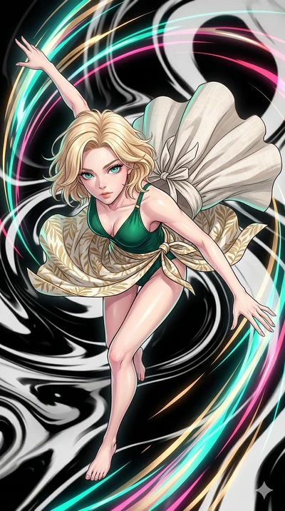 score_9, masterpiece, best quality, ultra-detailed, high-budget anime movie keyframe, cinematic anime lighting, intricate line art, Japanese woman. Extreme high angle shot as she leaps towards the camera, filling the frame. spinning in a world of bla