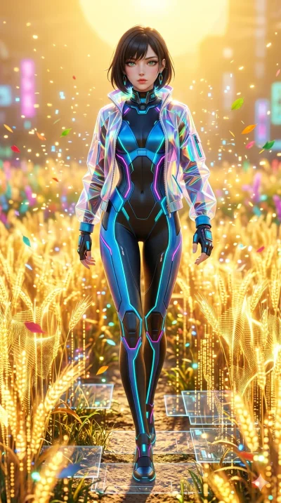 첨부의 캐릭터 얼굴만 유지해, score_9, masterpiece, best quality, ultra-detailed, Set A: Photorealistic 8k CG, Japanese woman. Low angle cowboy shot filling the entire 9:16 frame with her statuesque presence. Walking through a field of glowing grain under a golde