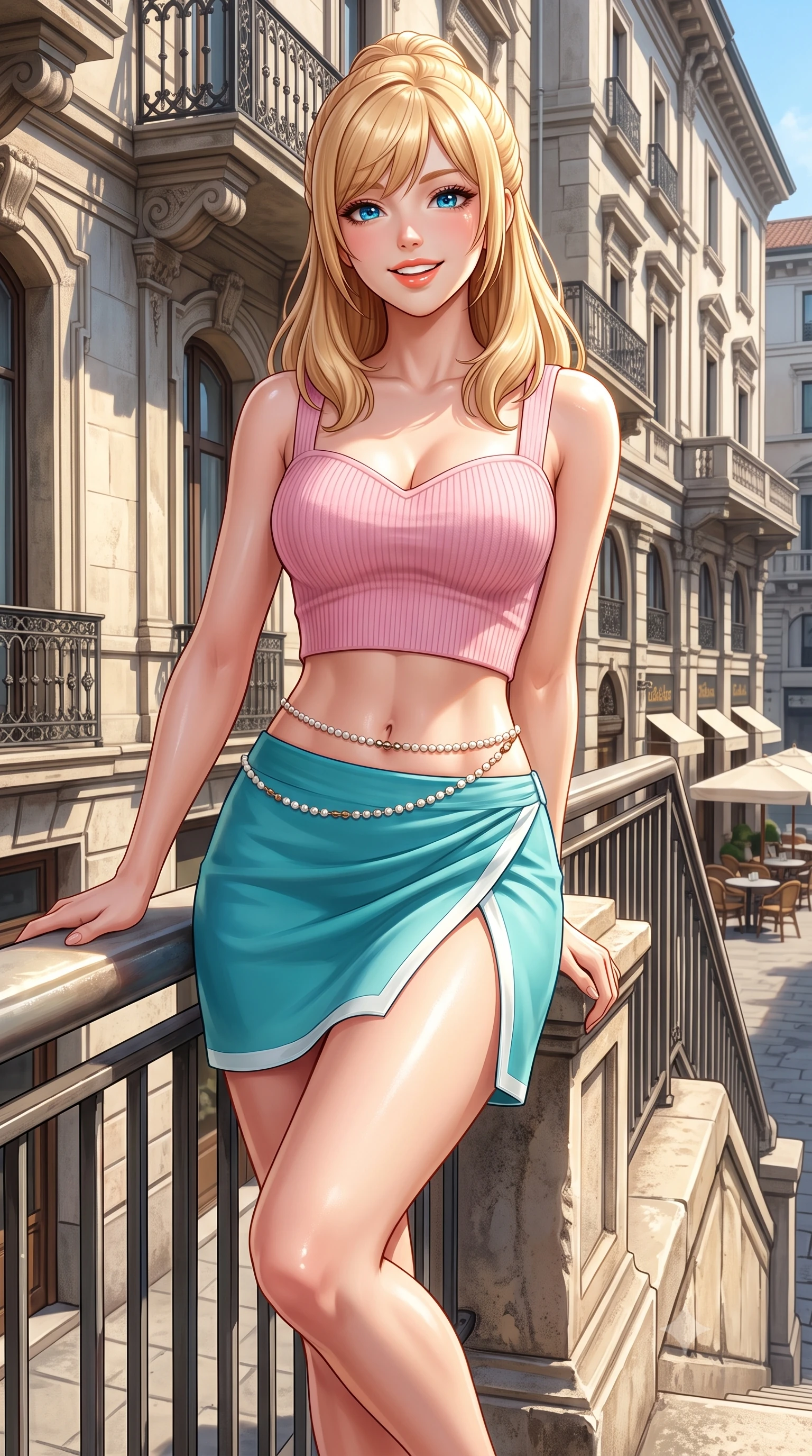 score_9, masterpiece, best quality, ultra-detailed, high-budget anime keyframe, semi-realistic 3D game render, editorial fashion photography, tasteful artistic composition, Caucasian woman. close-up cowboy shot from the waist and thighs up, the character dominates the composition, filling the frame with her large presence. leaning back against the sunlit railing with relaxed seductive grace, her flat midriff and narrow waist highlighted as she smiles brightly with bewitching eyes while striding through the historic alleyway with supermodel poise, her form-fitting dress clinging to her narrow waist and curvy hips. The surrounding environment is rendered in vivid detail and crisp panoramic clarity. detailed knit top drape, sunlight specular sheen on skin, and Brera street architecture in high resolution. She has an exceptionally elegant, slender, and willowy female figure with an ultra-slim waist, flat toned midriff, narrow ribcage, and sculpted feminine hips creating an alluring, slim hourglass silhouette without bulk. sharp v-shaped jawline, high-bridge nose, intricate jewel-like sparkling eyes with depth, thick eyelashes, glossy parted lips with a natural peach sheen, bright cheerful beaming smile with an enchanting and coquettish sensual glint, exuding both youthful cute charm and seductive allure, flawlessly proportioned anatomical accuracy, strict slender model proportions, natural body alignment, perfectly sculpted long slender limbs, ultra-slim waistline, clean dynamic posture without body distortion. wearing a sweetheart-neckline baby-pink crop top with a high-slit wrap mini skirt accentuating her waist-to-hip curve in ocean turquoise and sea-salt white, formed from supple second-skin stretch ribbed knit clinging to her form, accented with a dainty pearl waist chain catching the ambient sunlight, the form-contouring cut accentuating her sculpted flat midriff, narrow delicate ribcage, and gracefully curvy hips with supermodel precision. illuminated by crisp directional highlights accentuating her sculpted midriff, narrow waist, and curvy hips. highly saturated vibrant anime colors, detailed shading with soft gradients, rich glossy textures, high-contrast stereoscopic depth, volumetric dynamic lighting, master piece, 9:16 ratio