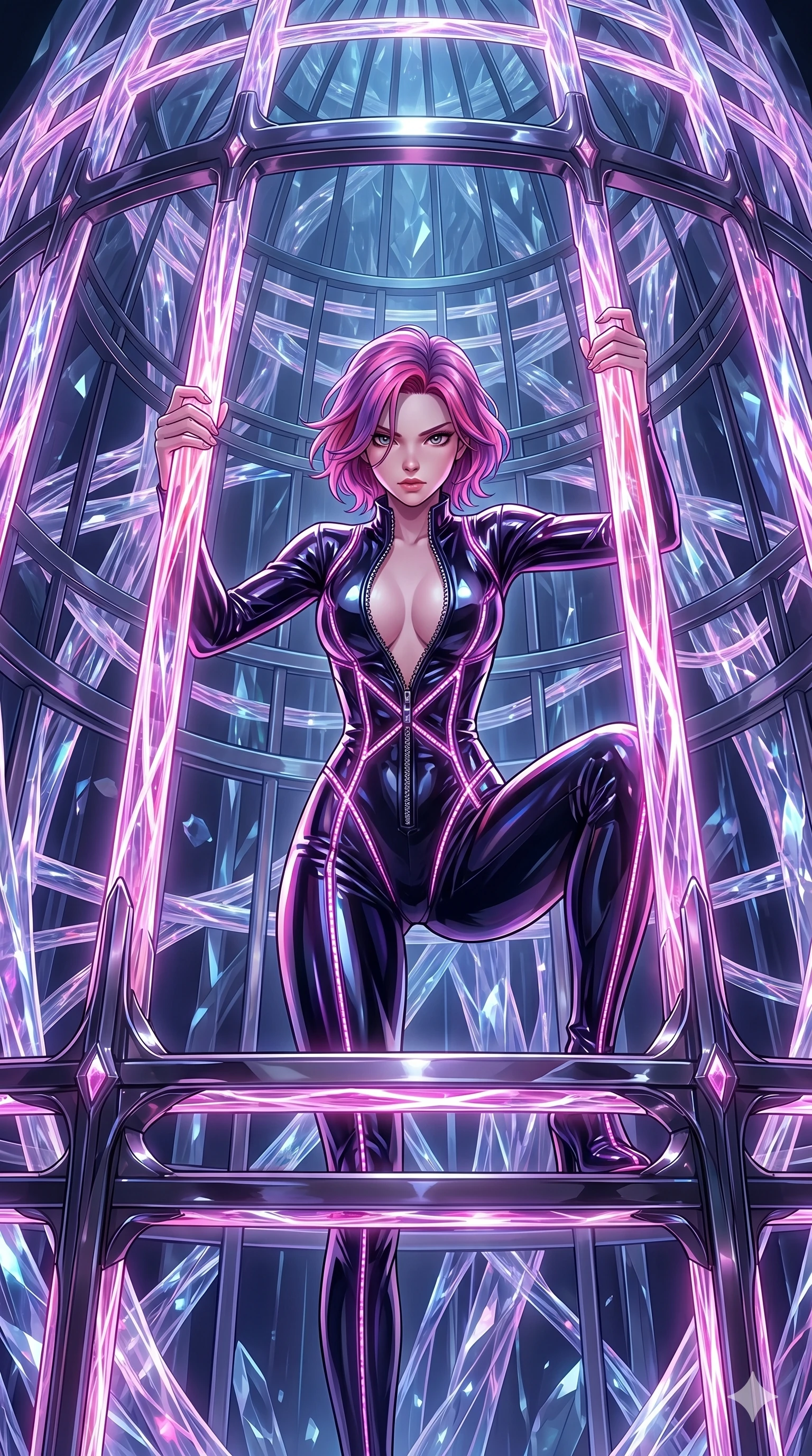 score_9, masterpiece, best quality, ultra-detailed, High-budget Anime Keyframe, East Asian woman. Dynamic full-body shot stretching the vertical silhouette to the limit. Scenario 142: Trapped in a cage of glowing crystalline fibers, body pressing against the bars. Her presence is magnetic and overpowering in this high-budget anime scene. Outfit 142: A patent leather second with a unzipped detail and glowing LED seams. The clothing is designed to emphasize her exceptionally tall and slender 8-heads proportion. 8-heads proportion, towering silhouette, ultra-slim waist. sharp v-shaped jawline, intricate jewel-like eyes with depth, thick eyelashes, glossy lips. 2k, ultra detail, master piece, 9:16 ratio