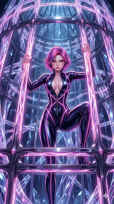 score_9, masterpiece, best quality, ultra-detailed, High-budget Anime Keyframe, East Asian woman. Dynamic full-body shot stretching the vertical silhouette to the limit. Scenario 142: Trapped in a cage of glowing crystalline fibers, body pressing aga